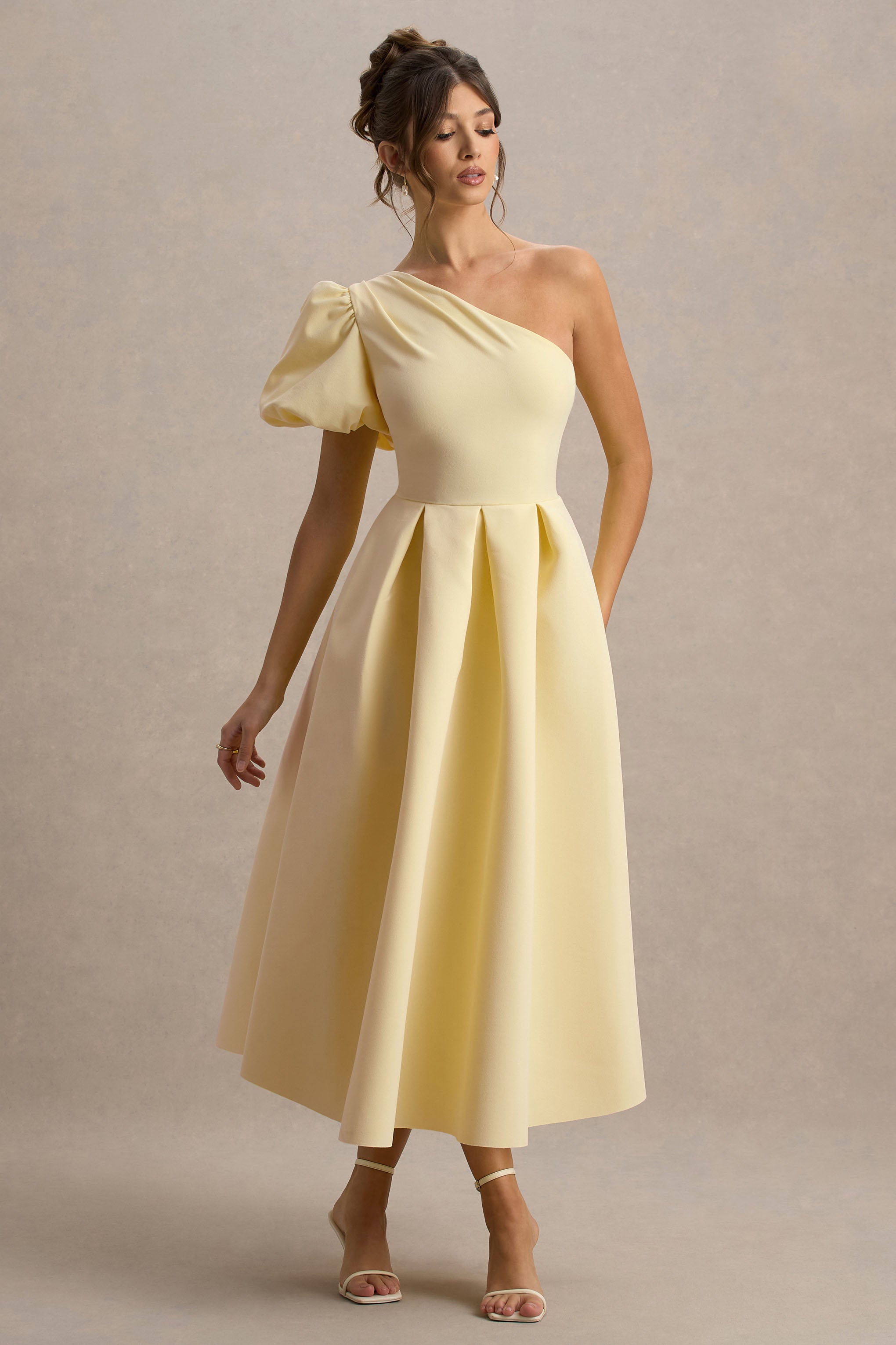 Rochelle | Soluk Limon Asimetrik Puff-Sleeve Midi Elbise