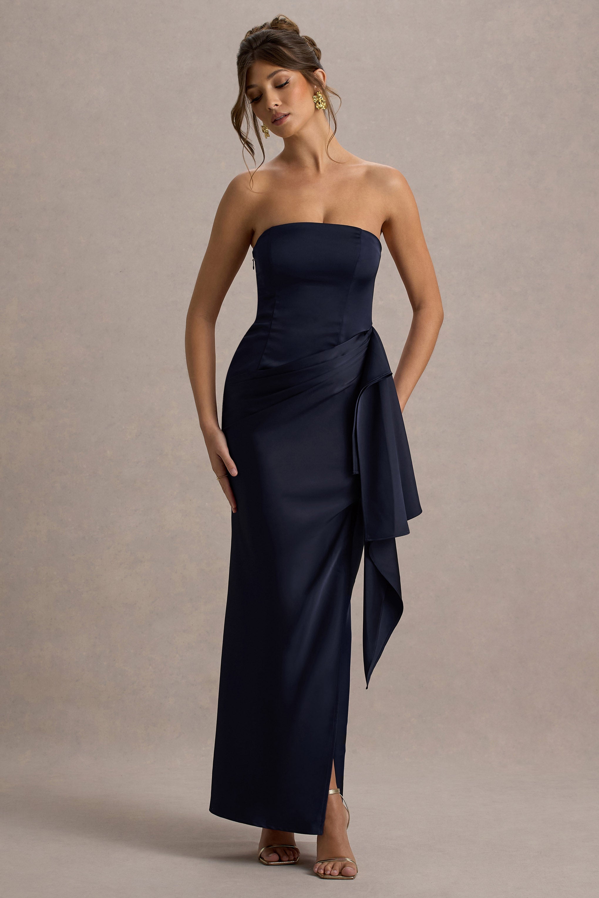 Loz | Lacivert Saten Bandeau Drapeli Maxi Elbise