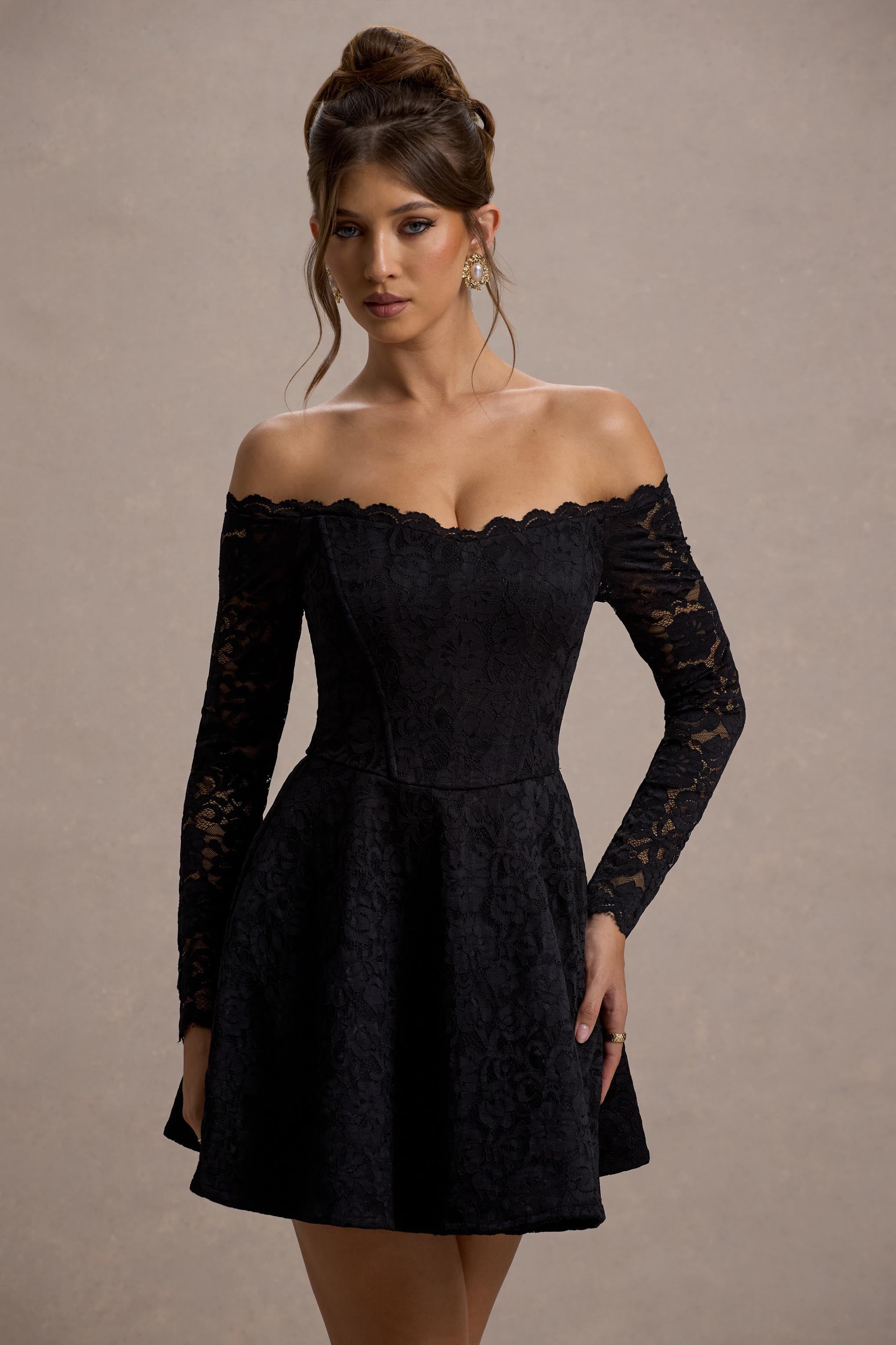 Alliste | Siyah Dantel Bardot Mini Elbise