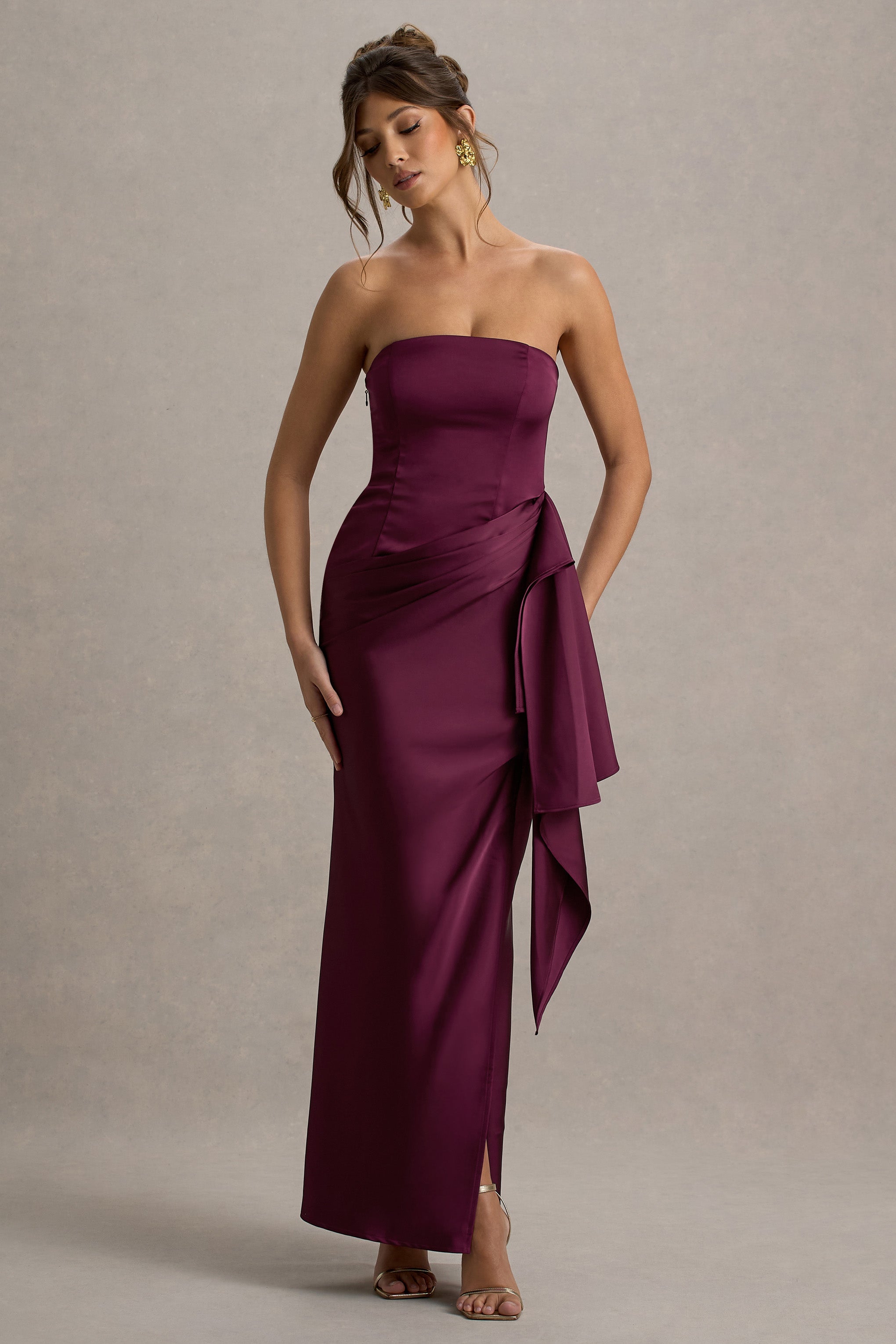 Loz | Bordo Saten Bandeau Drapeli Maxi Elbise