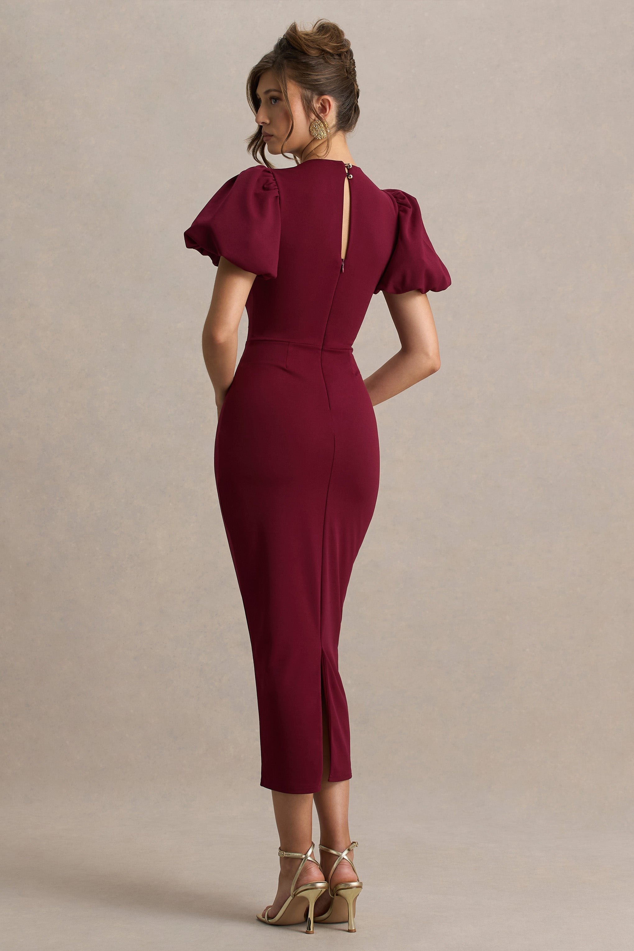 Dakota | Bordo Puff-Sleeve Midi Elbise