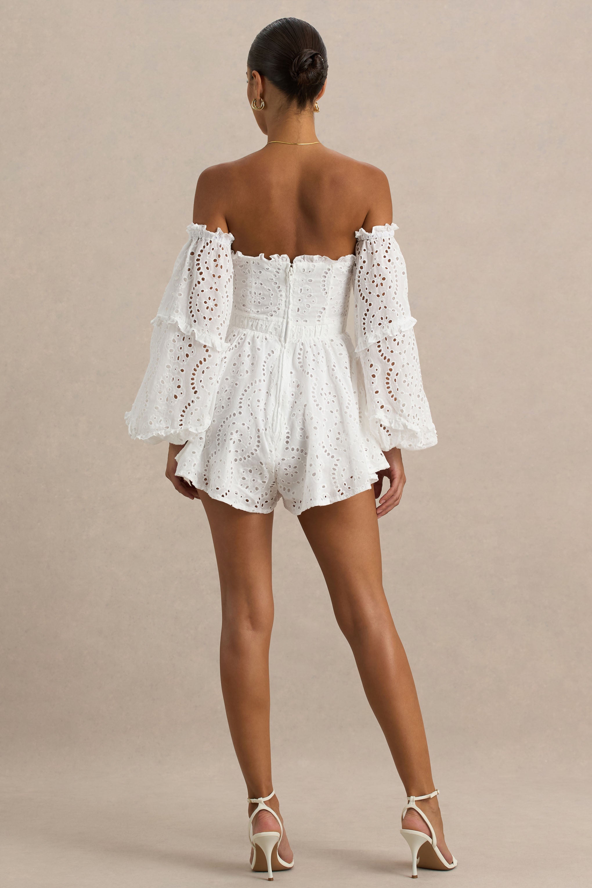 Mariella | Beyaz Broderie Bardot Volanlı Tulum