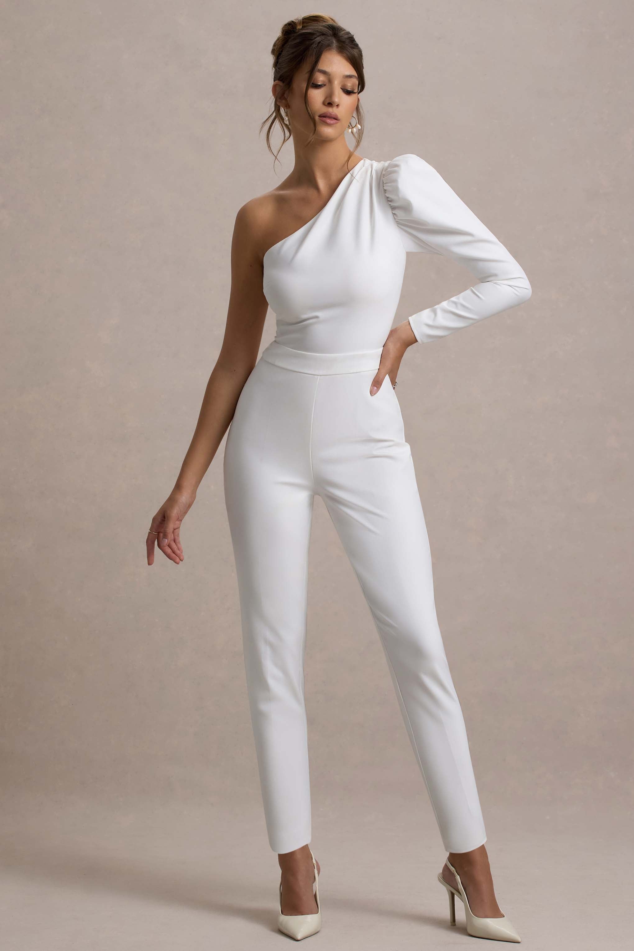 San Jose | Beyaz Tek Omuz Puff-Sleeve Tulum