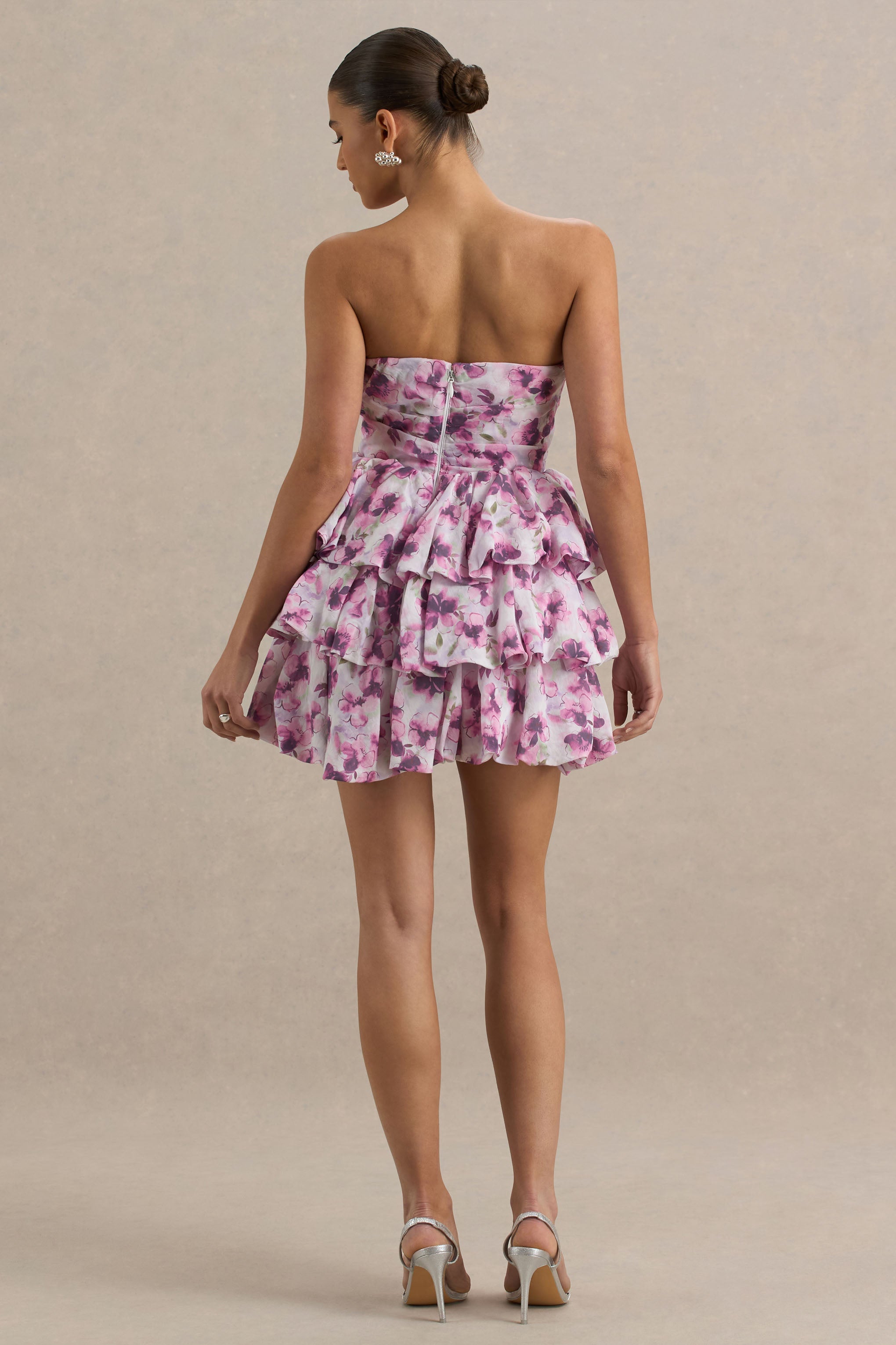 Swirl | Fırfırlı Detaylı Krem Çiçek Desenli Bandeau Puffball Mini Elbise