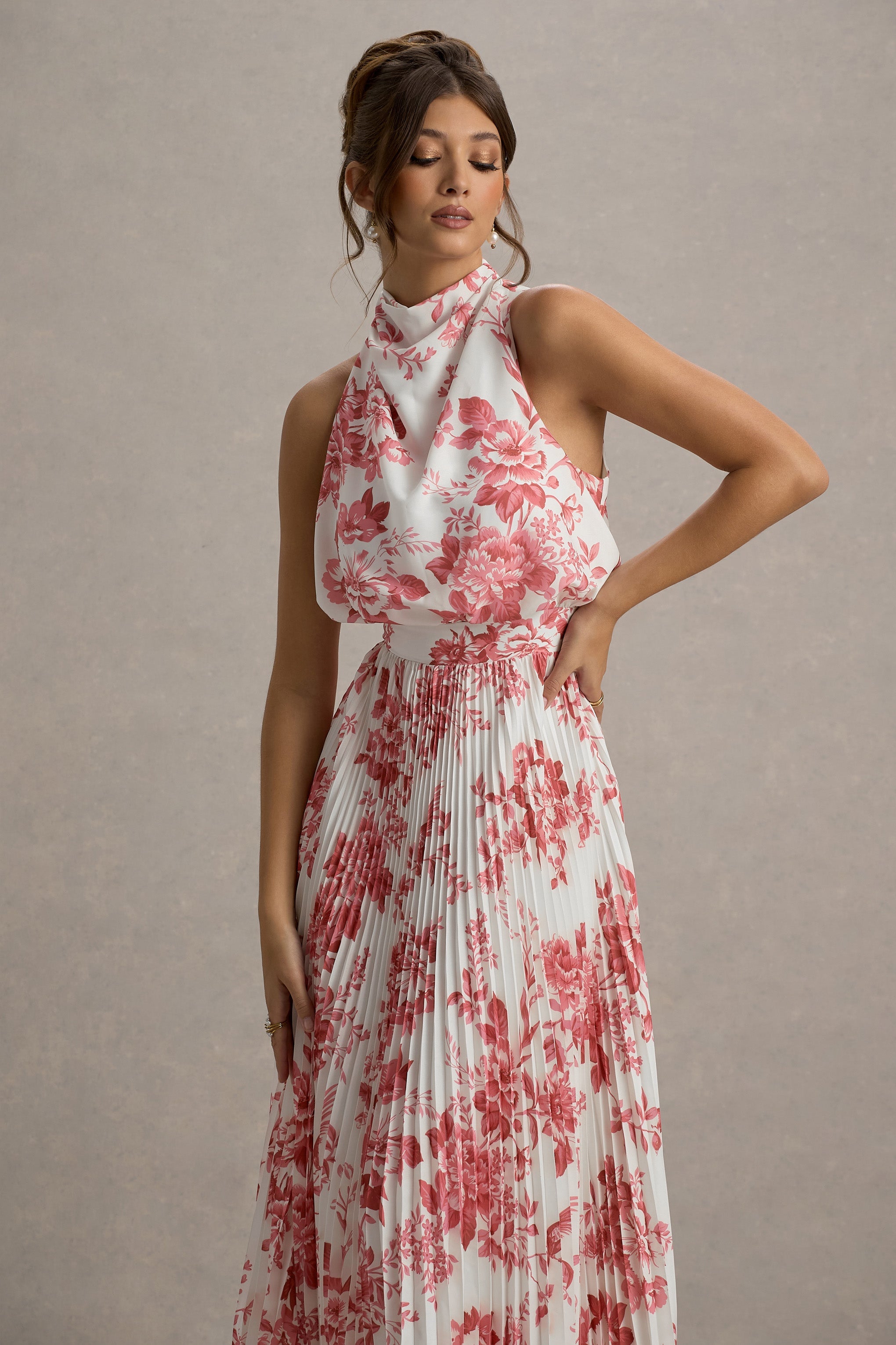 Nila | Pembe Porselen Desenli Plise Etekli Cowl-Neck Midi Elbise