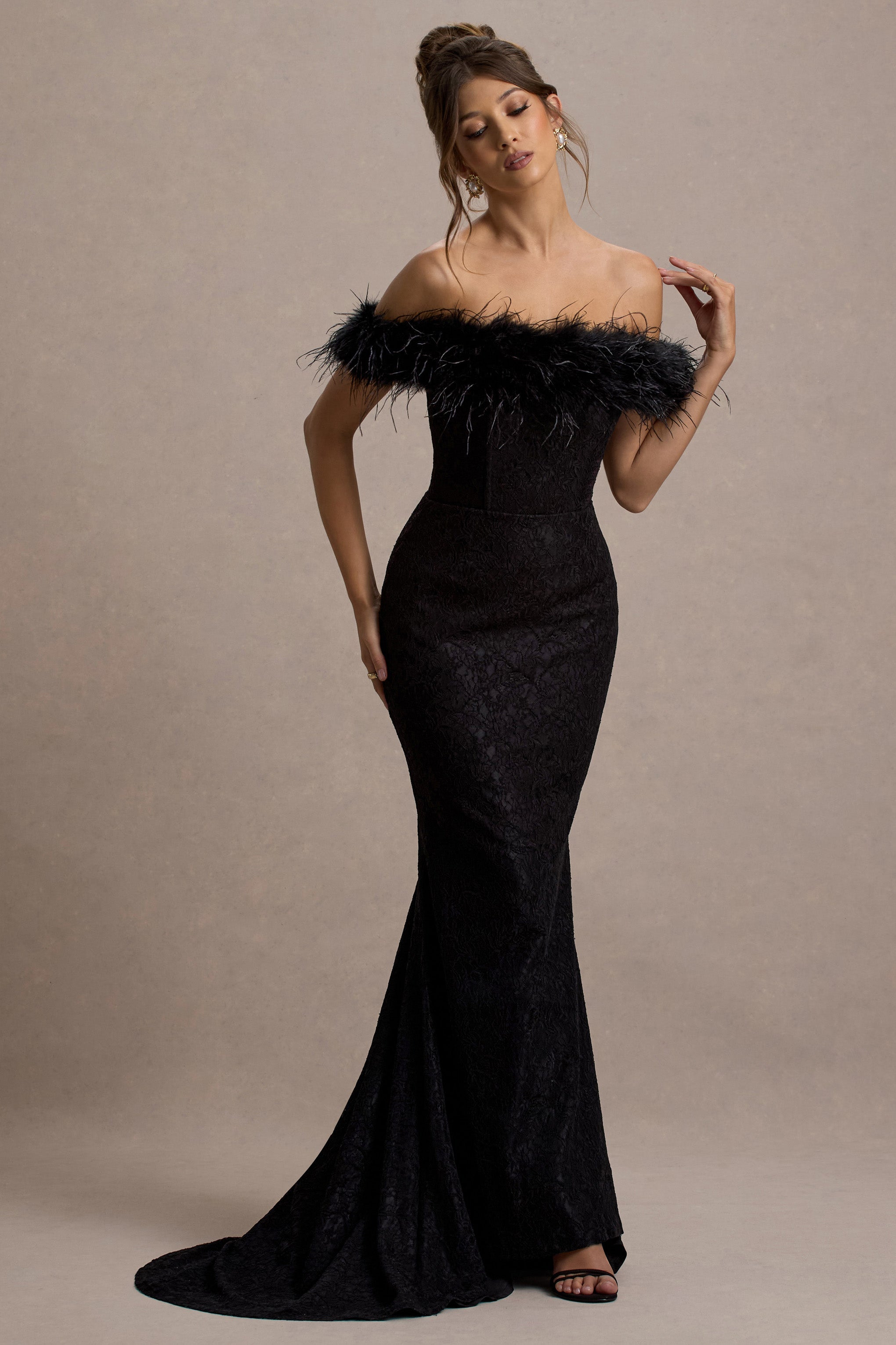 İdyll | Siyah Dantel Bardot Kuş Tüyü Fishtail Maxi Elbise