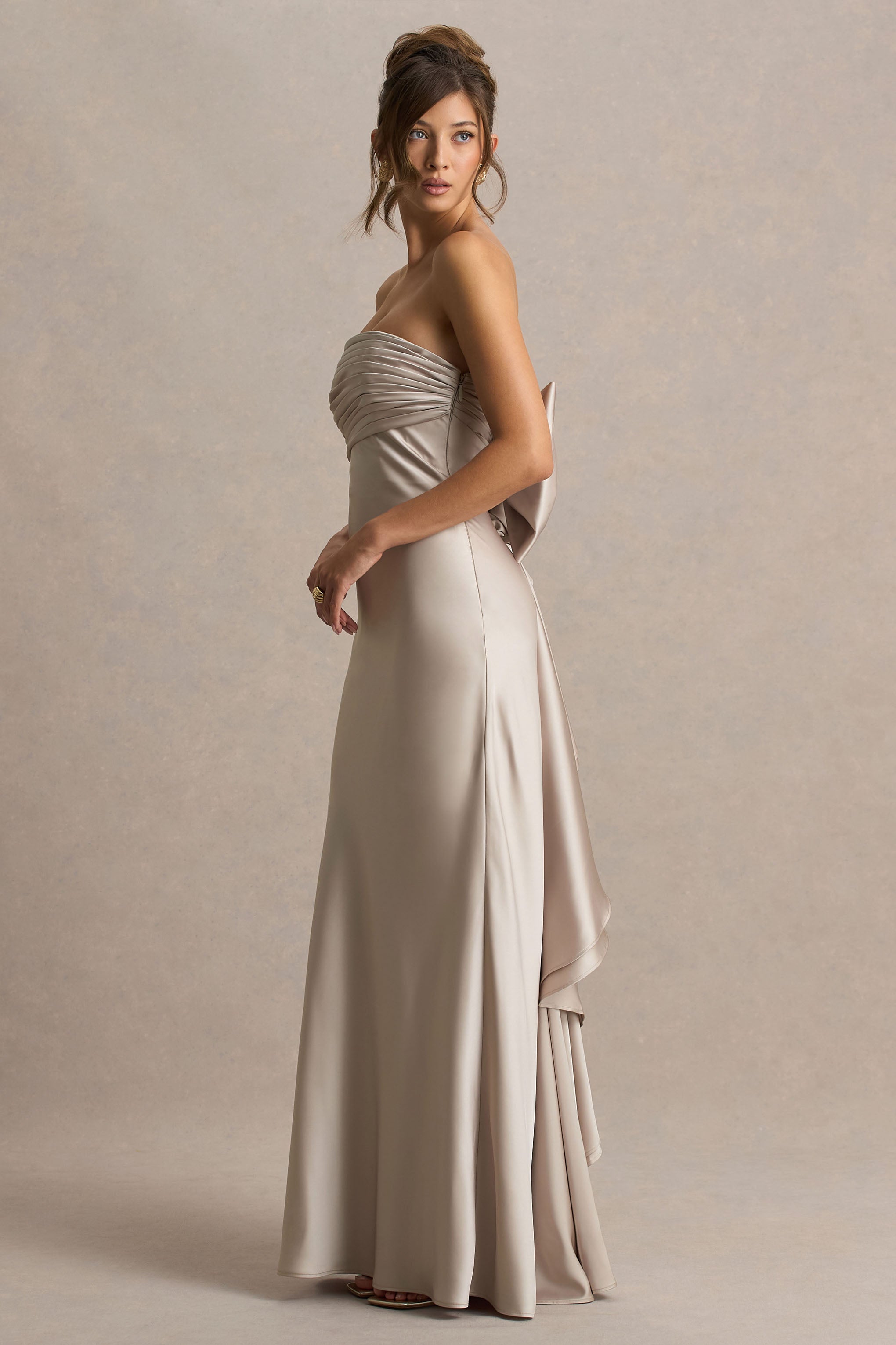 Talulla | Şampanya Saten Bandeau Maxi Elbise Fırfır Detaylı