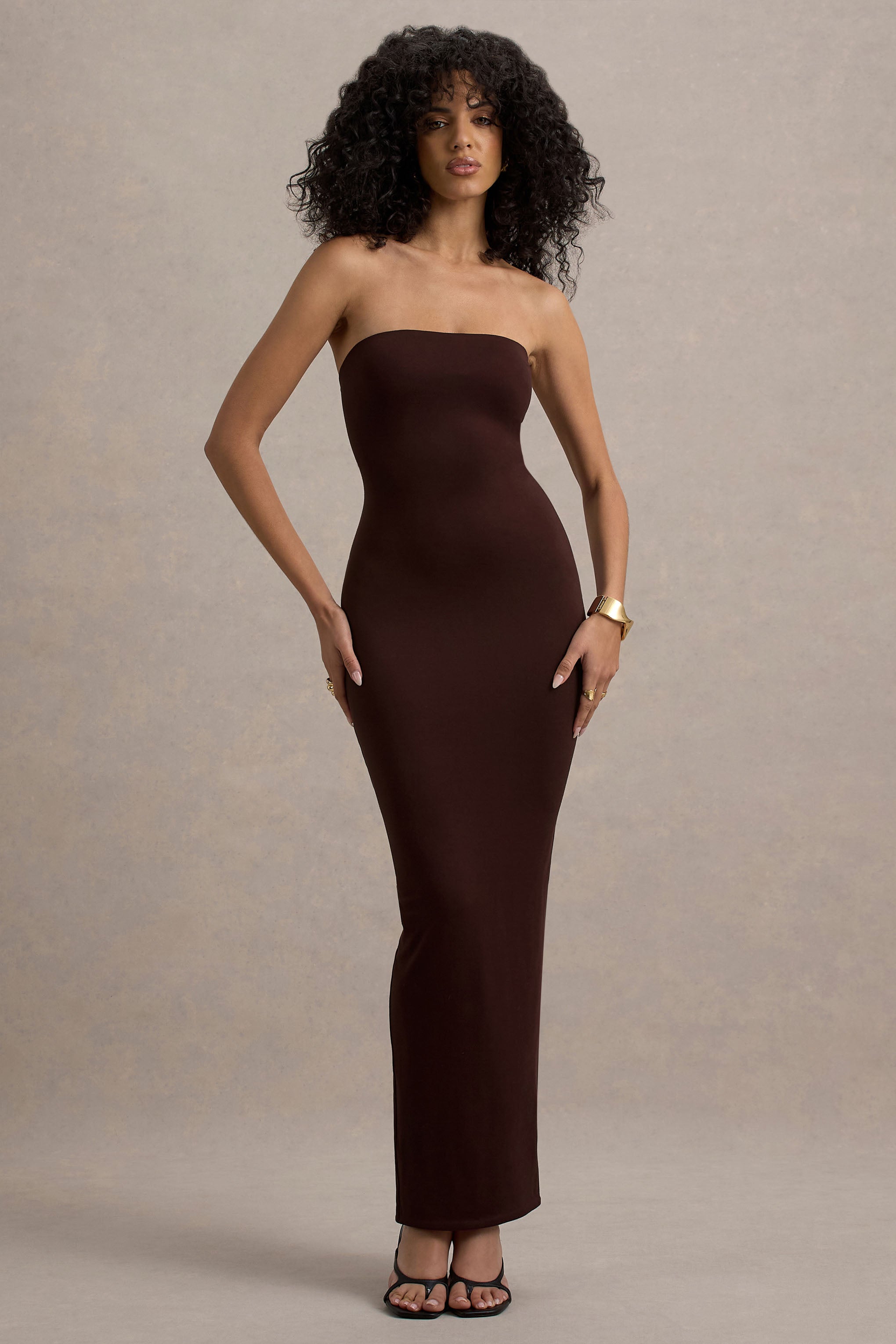 Angelie | Kahverengi Bandeau Bodycon Maxi Elbise
