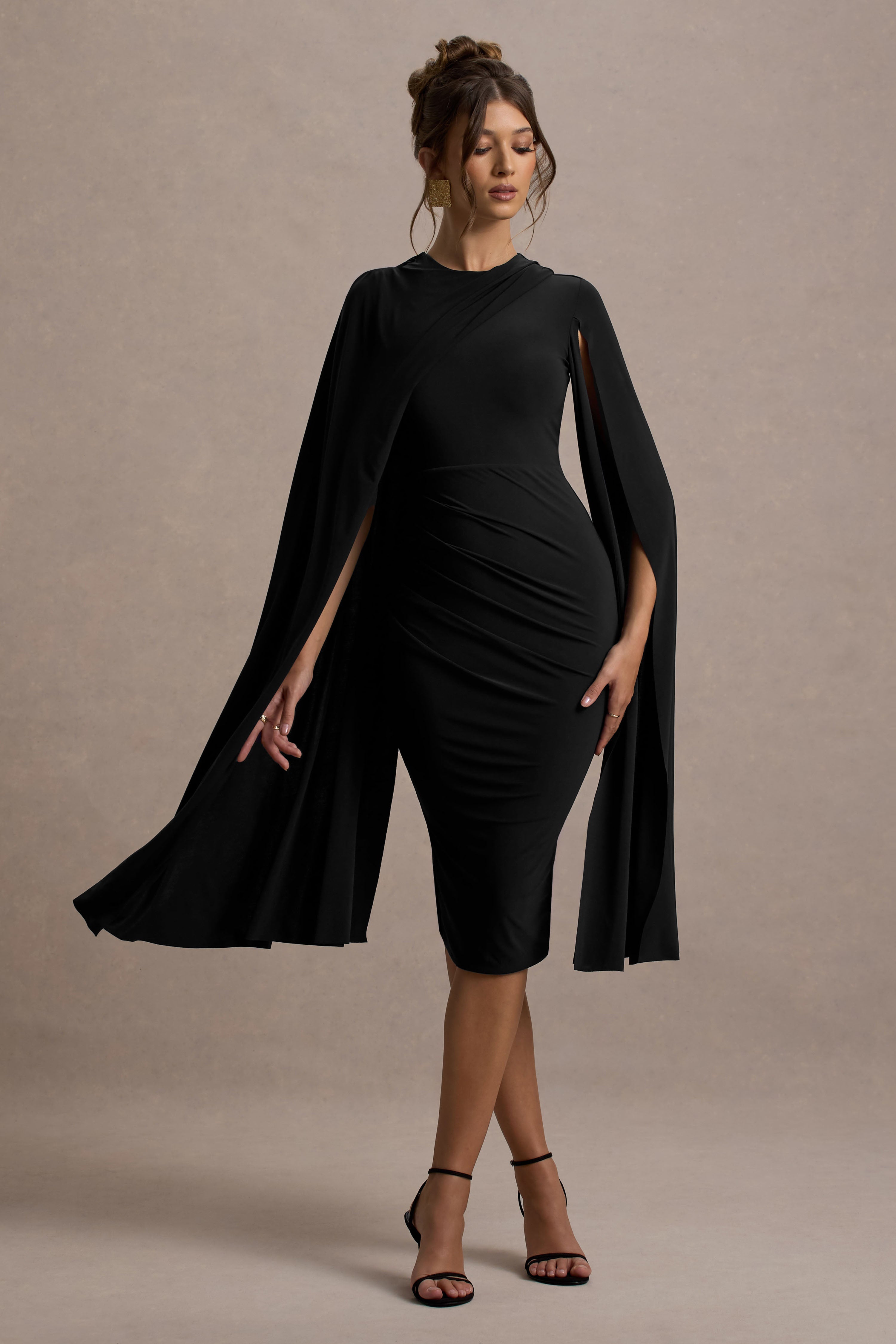Marysol | Siyah Asimetrik Kloş Midi Elbise