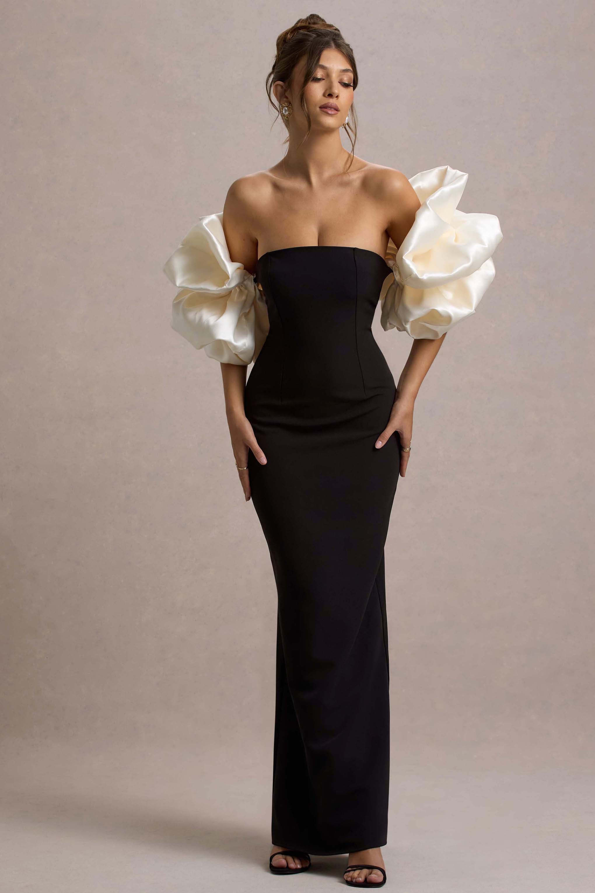 Evermore | Siyah & Krem Puf Kol Maxi Elbise