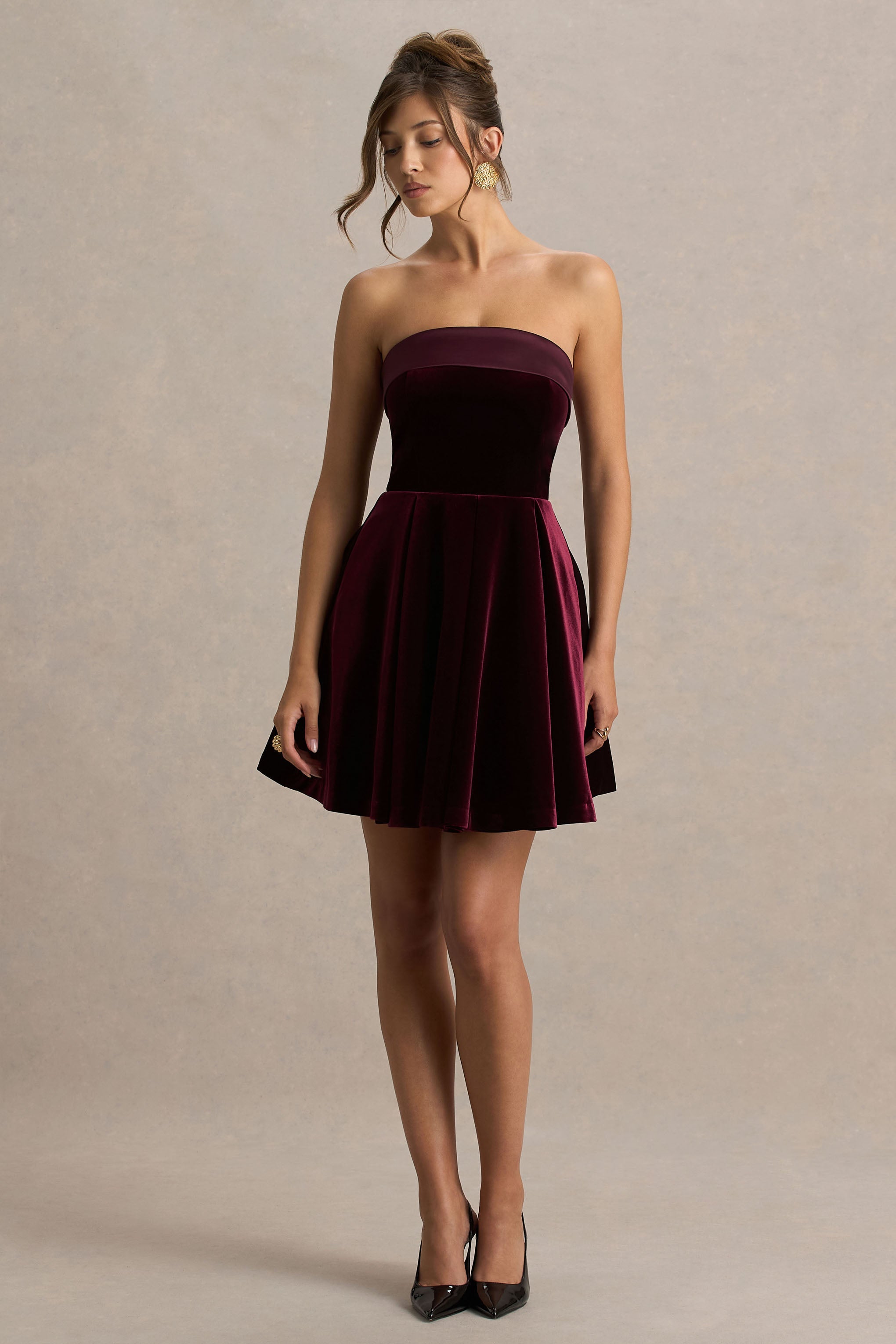 Mina | Bordo Kadife ve Saten Bandeau Yaka Kayık Elbise