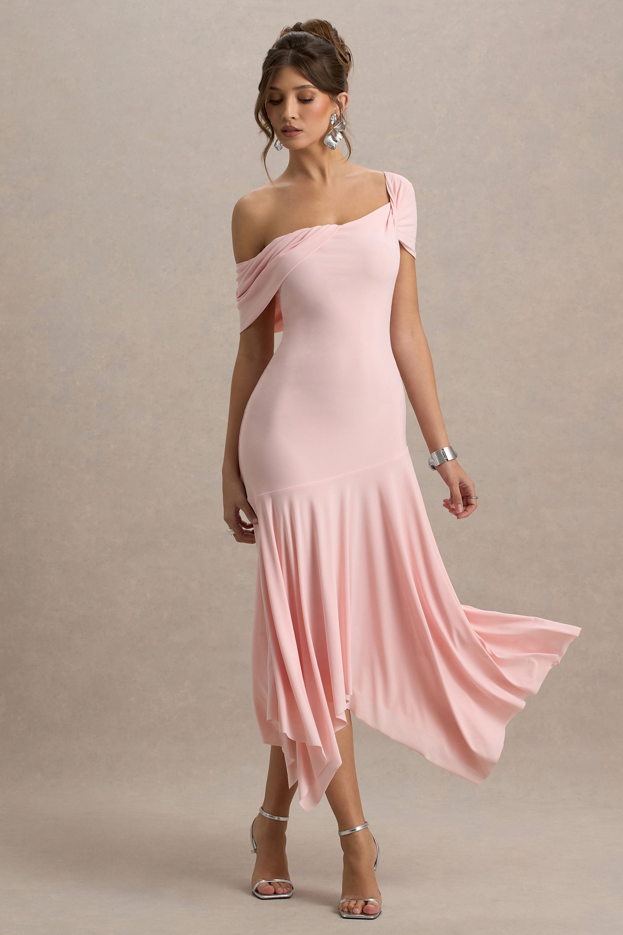 Castor | Pembe Asimetrik Midi Elbise