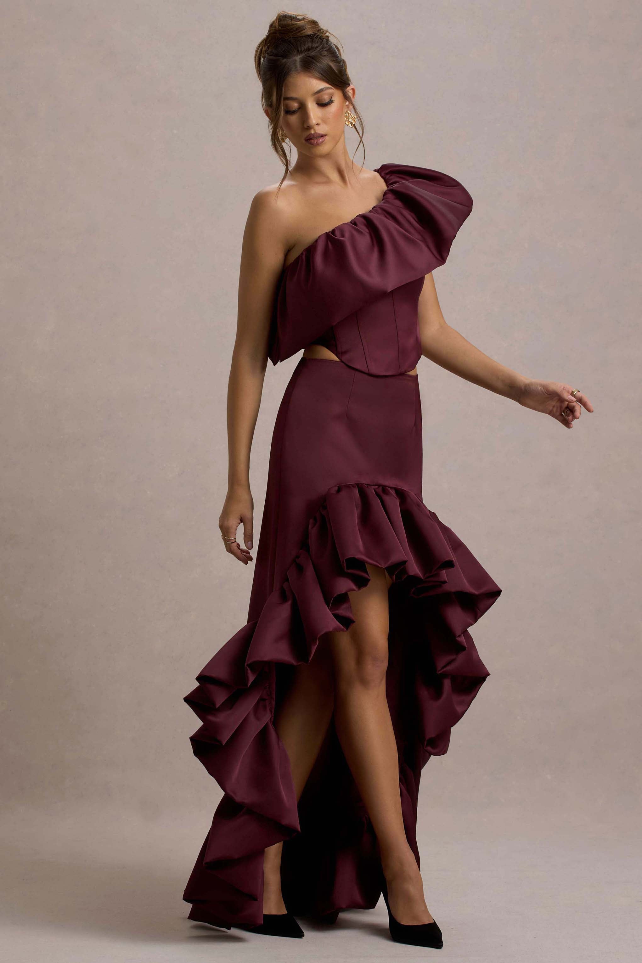 Ruby | Merlot Saten Yüksek-Düşük Maxi Etek