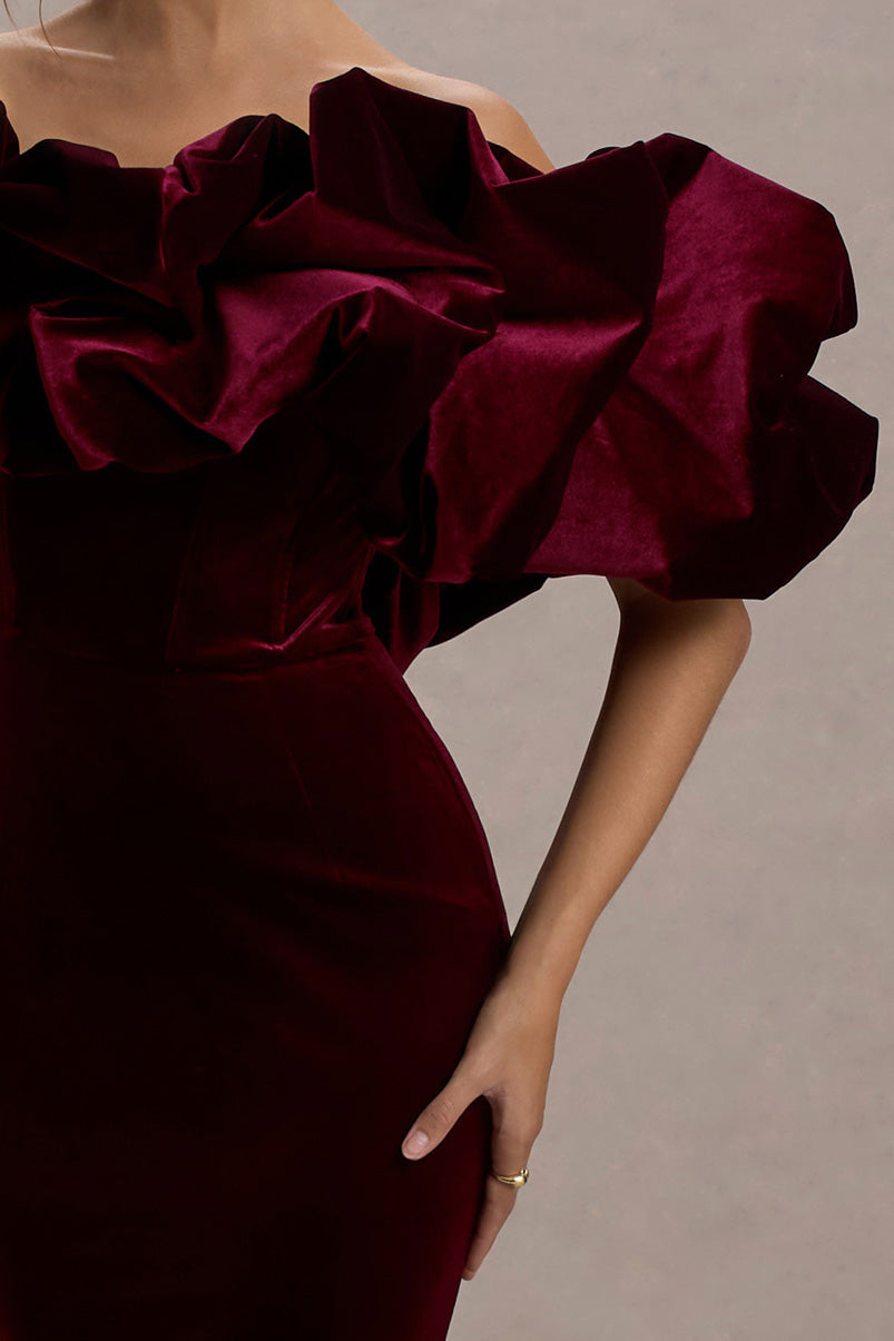 Cecily | Kadife Ruffle Detaylı Port Velvet Maxi Elbise