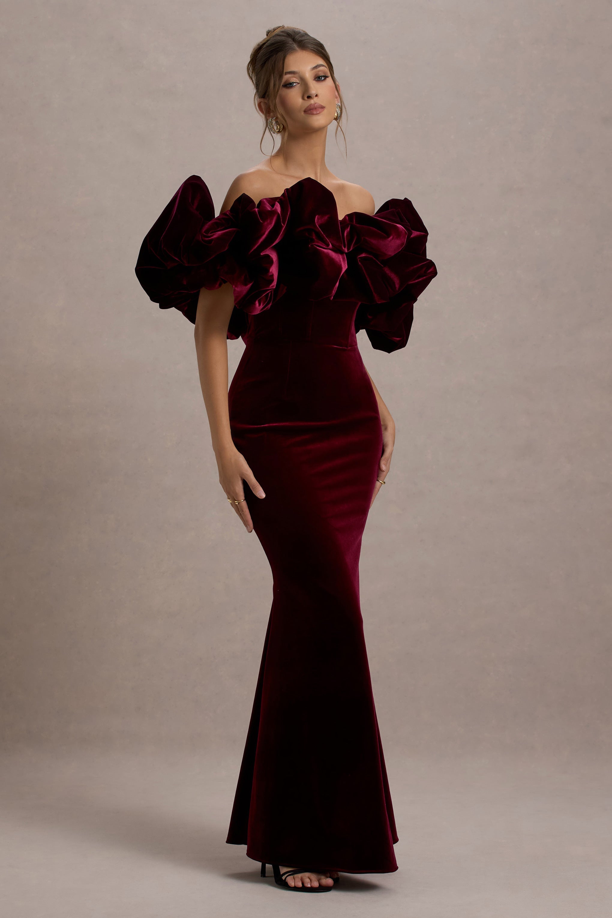 Cecily | Kadife Ruffle Detaylı Port Velvet Maxi Elbise