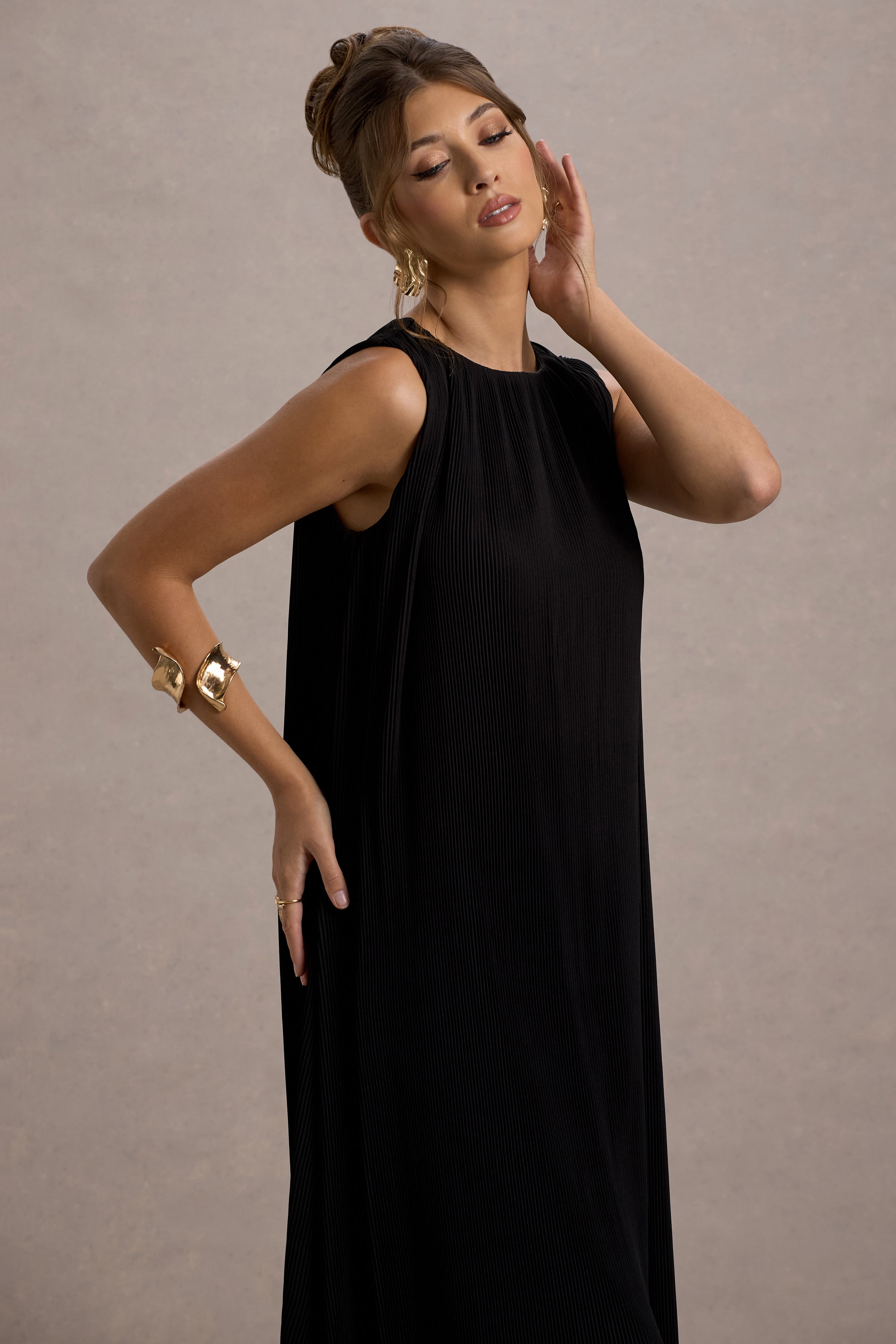 Hazelle | Siyah Şifon A-Line Volanlı Maxi Elbise