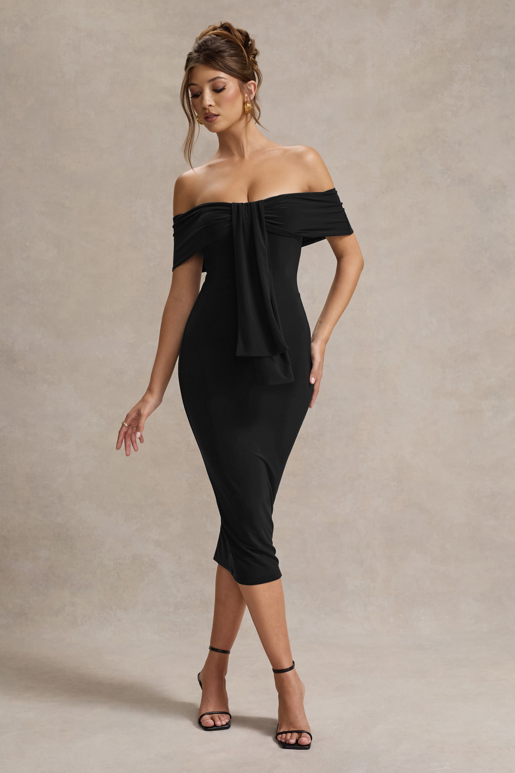 Selbie | Drapeli Siyah Bardot Midi Elbise