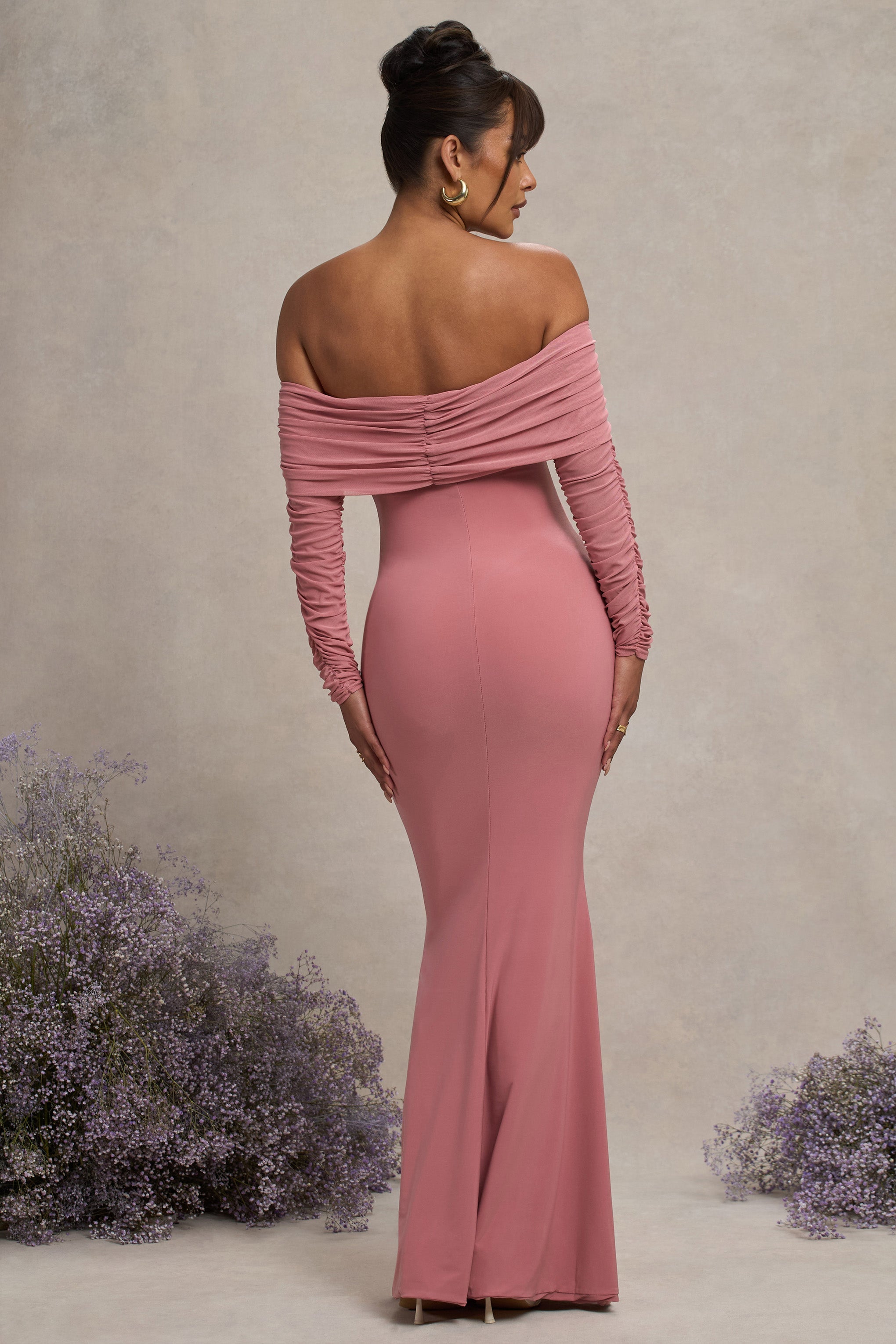 Pretty Perfect | Pembe Hamilelik Drapeli Dantel Bardot Maxi Elbise