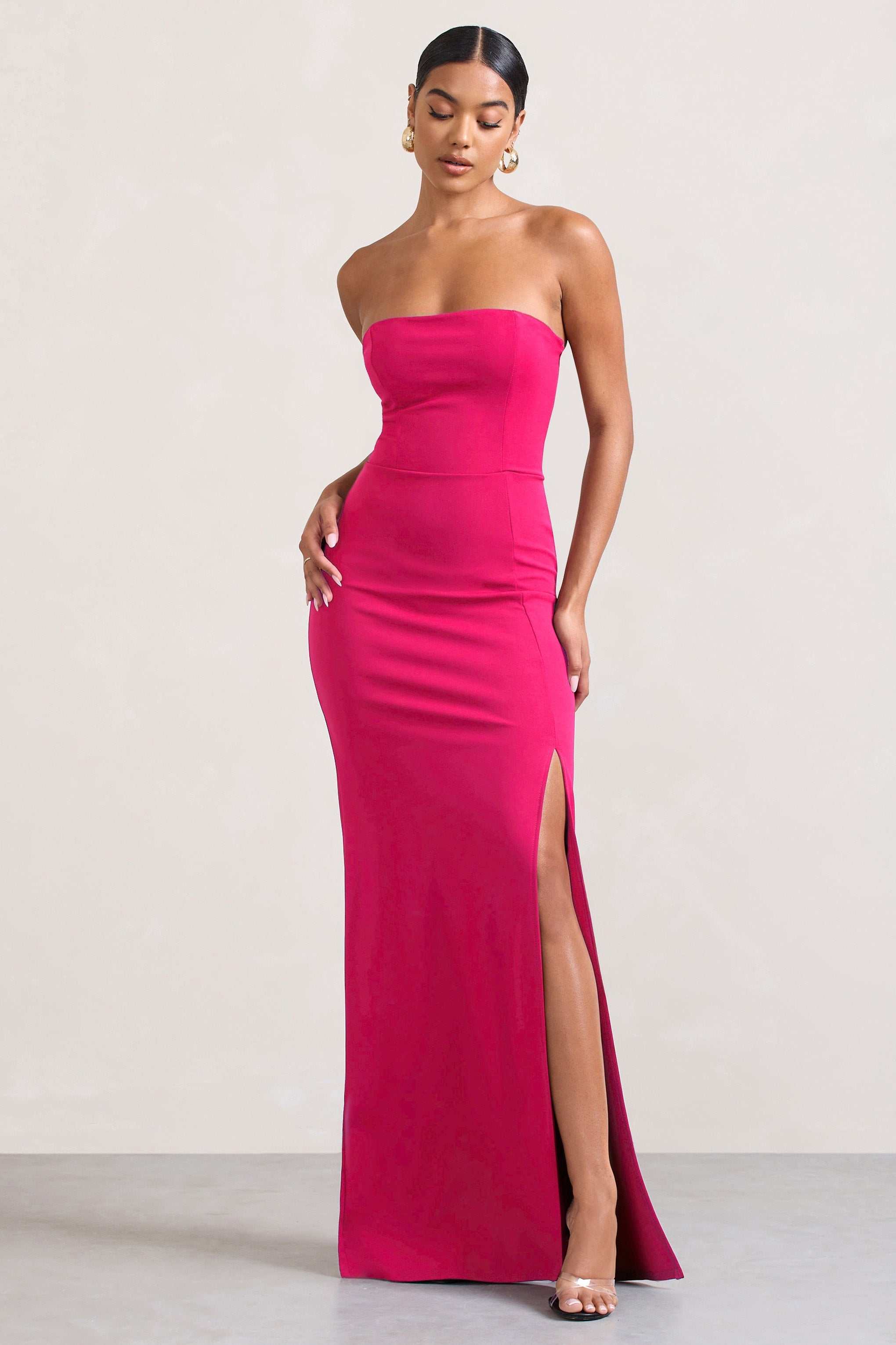 Balın Güzeli | Yırtmaçlı Sıcak Pembe Bandeau Maxi Elbise
