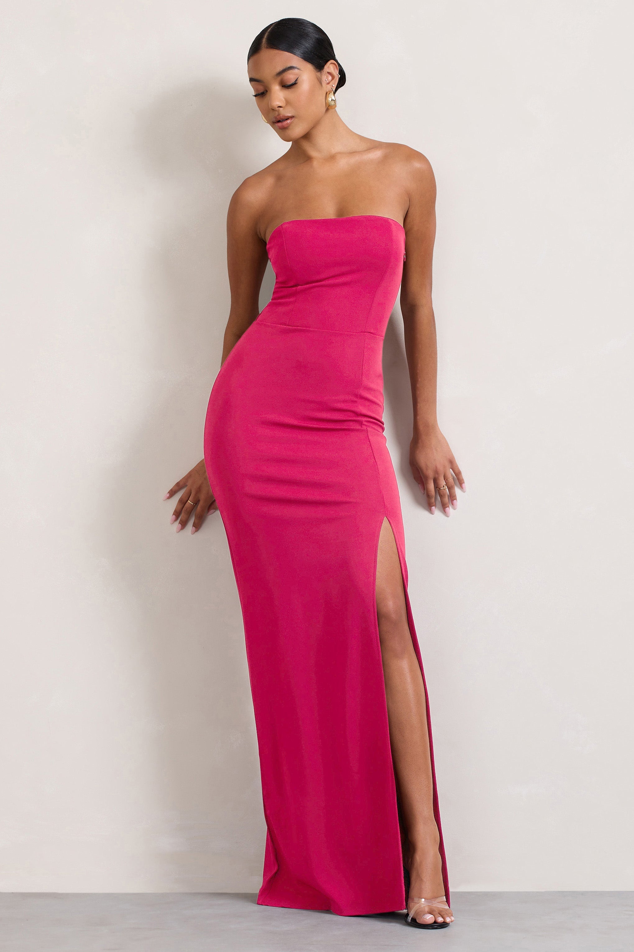 Balın Güzeli | Yırtmaçlı Sıcak Pembe Bandeau Maxi Elbise