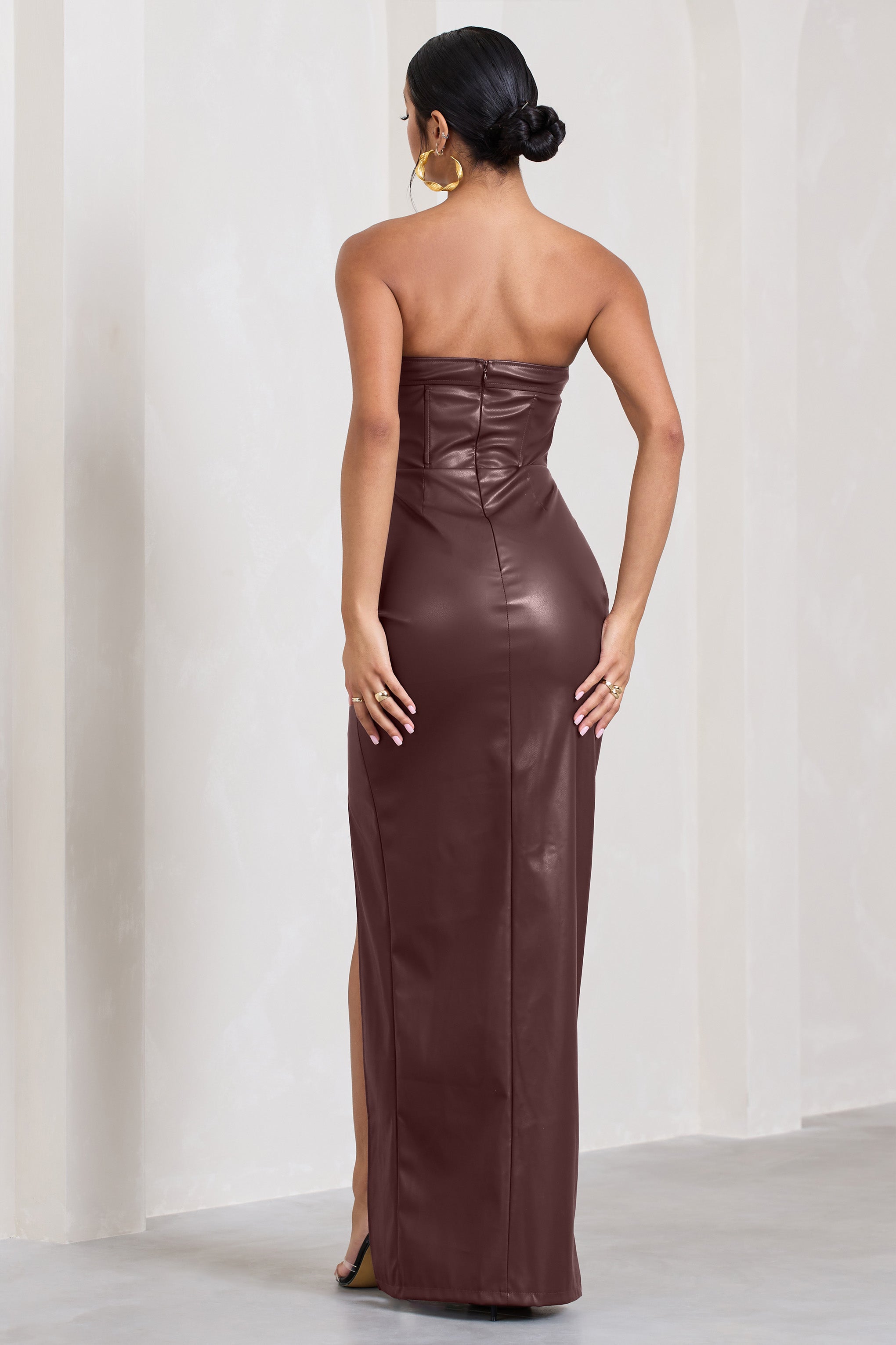 Marlene | Bordo Suni Deri Straplez Bandeau Yırtmaçlı Maxi Elbise