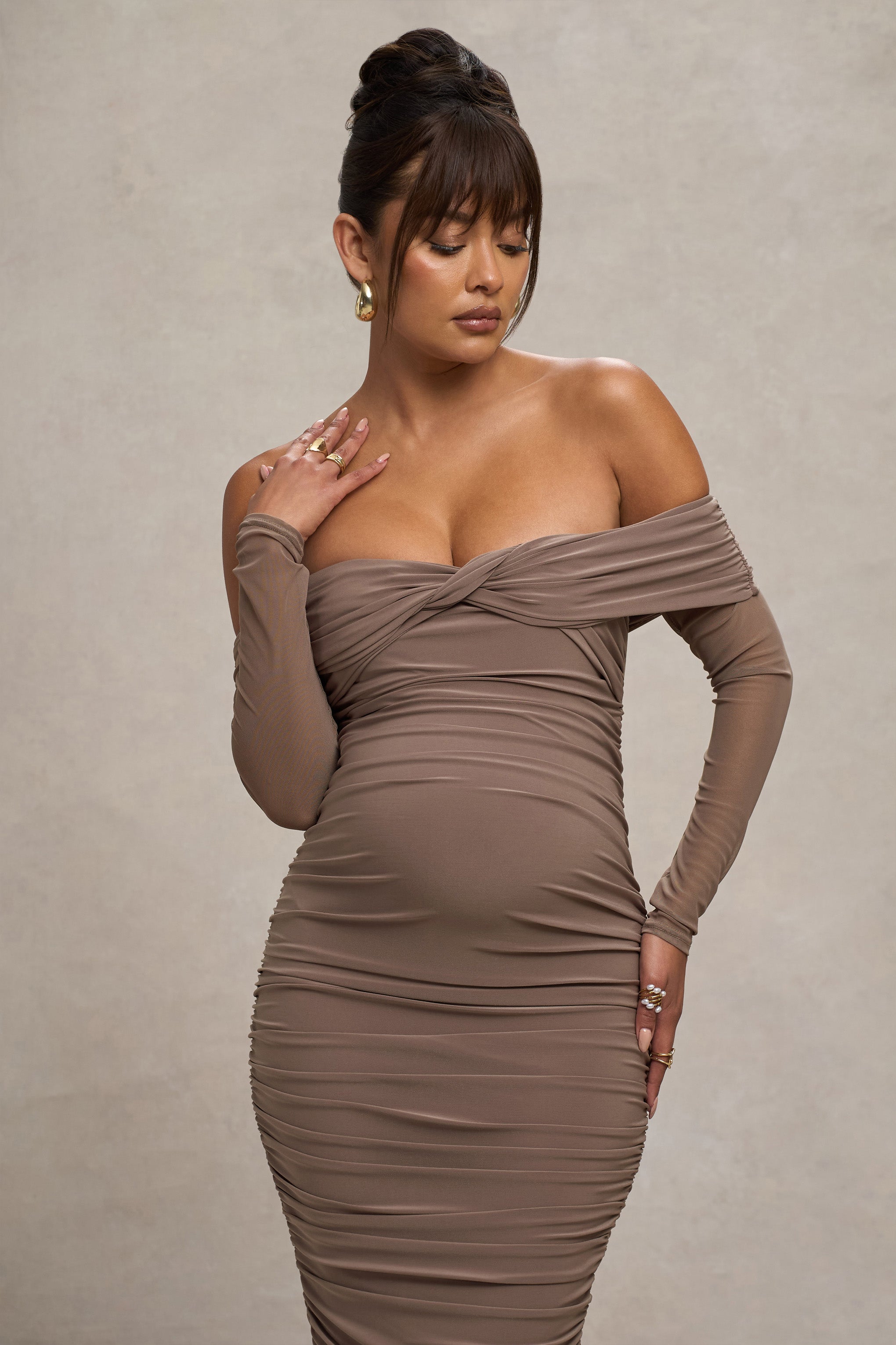 Neva | Mocha Bardot Twist Hamile Midi Elbise