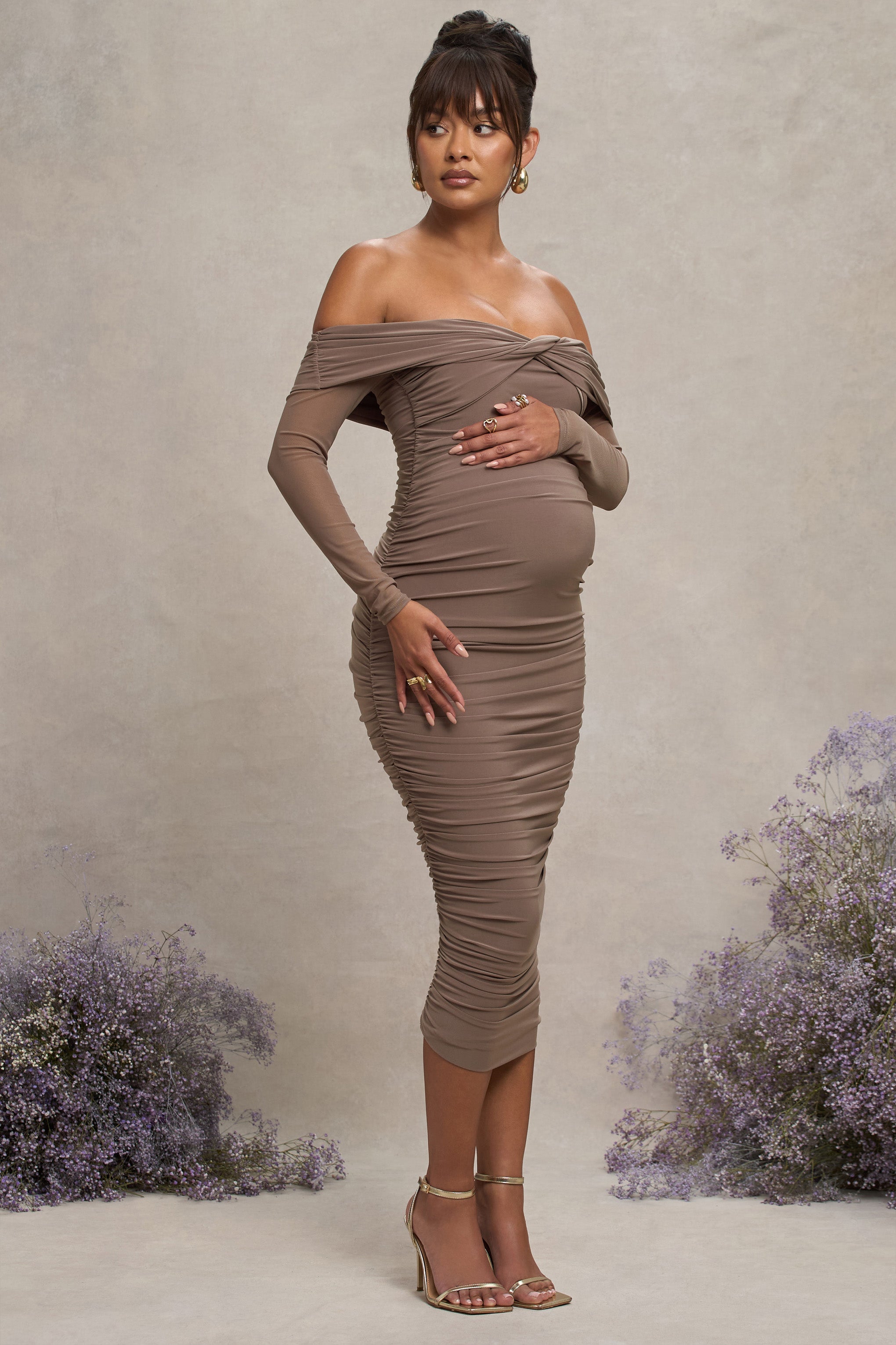 Neva | Mocha Bardot Twist Hamile Midi Elbise