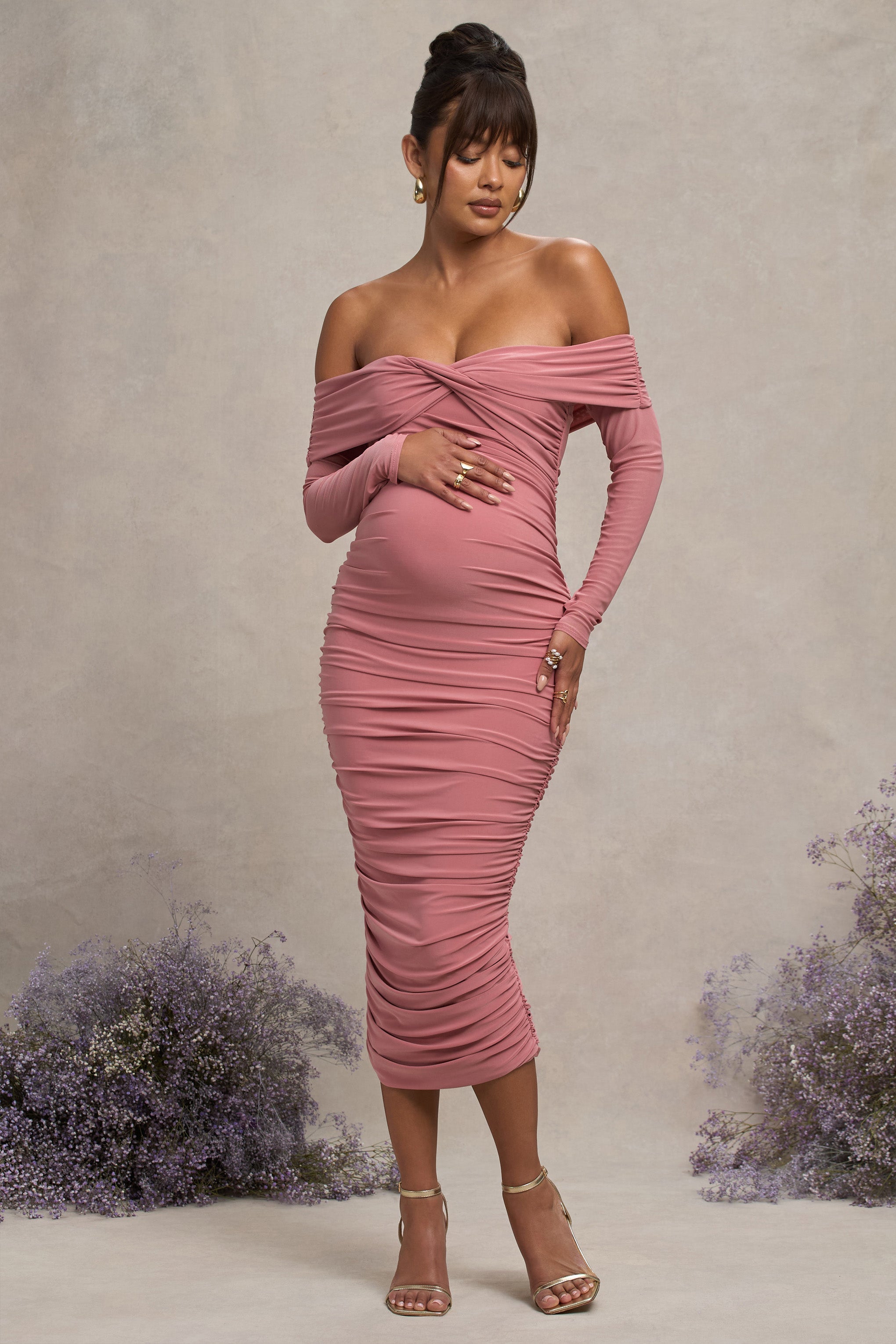 Neva | Blush Bardot Twist Hamile Midi Elbise