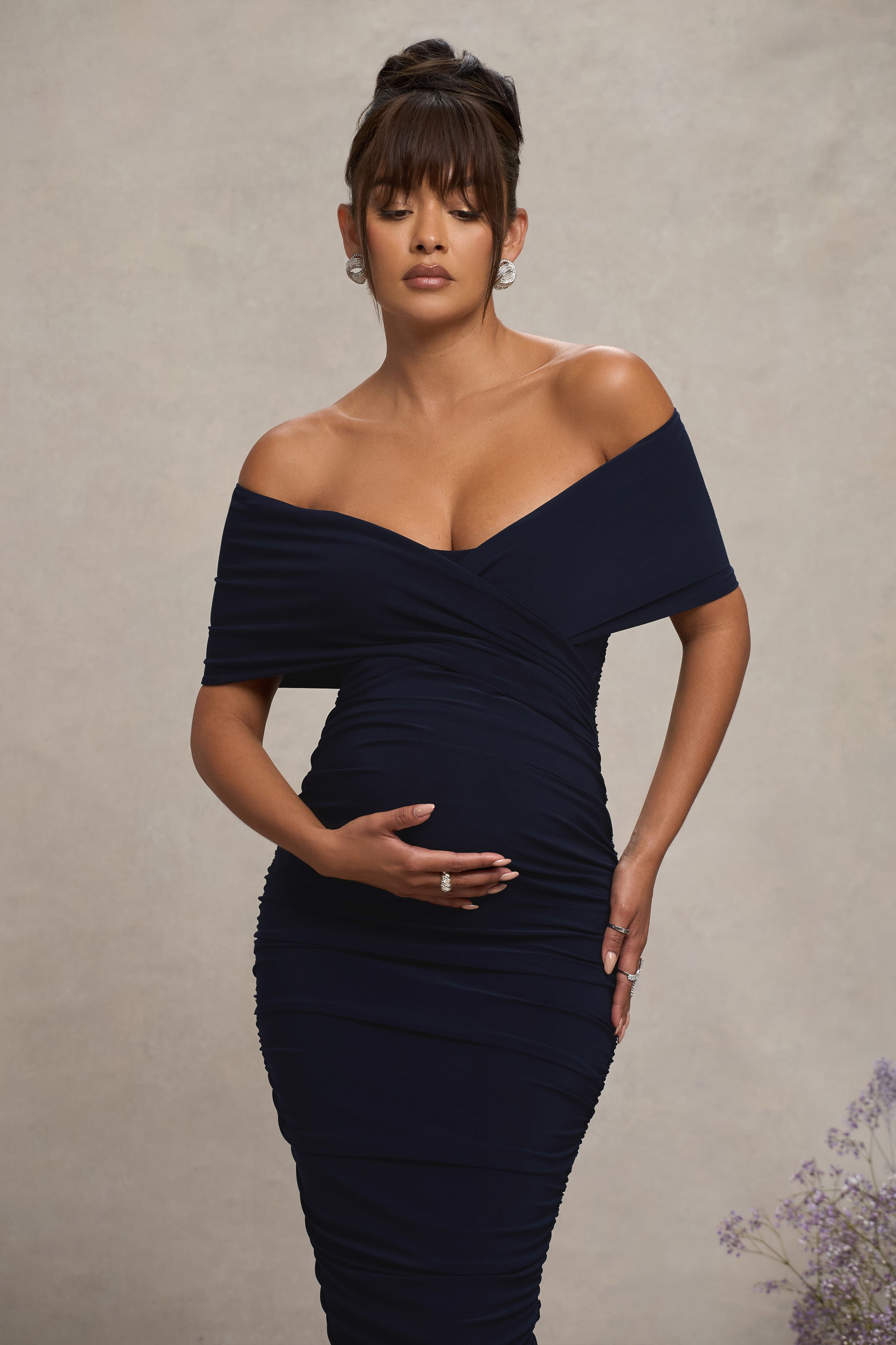 Paketsiz | Lacivert Ruchesli Twist Bardot Hamile Midi Elbise