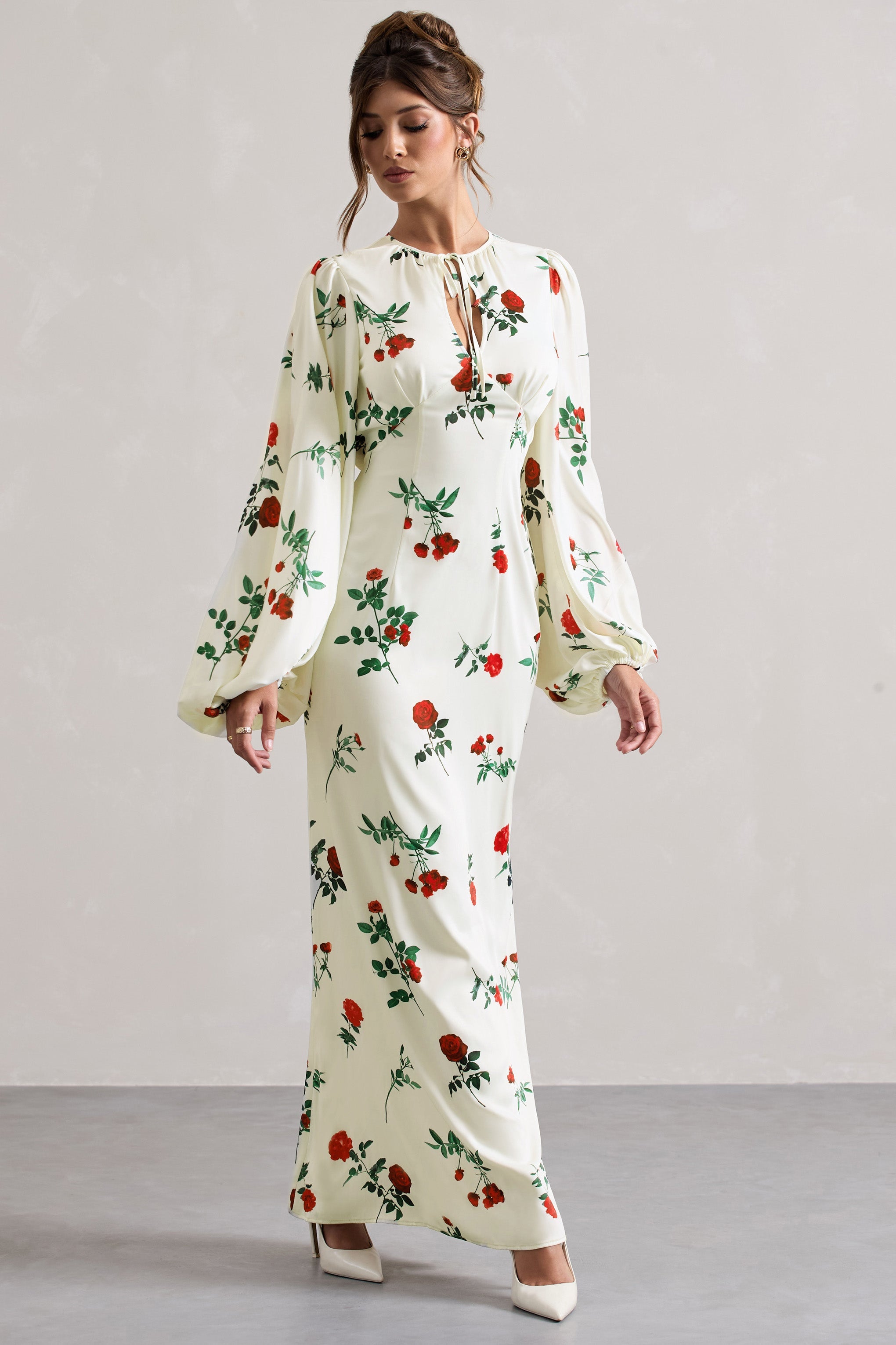 Yerli Gül | Gül Desenli Saten Puf Kol Cut-Out Maxi Elbise