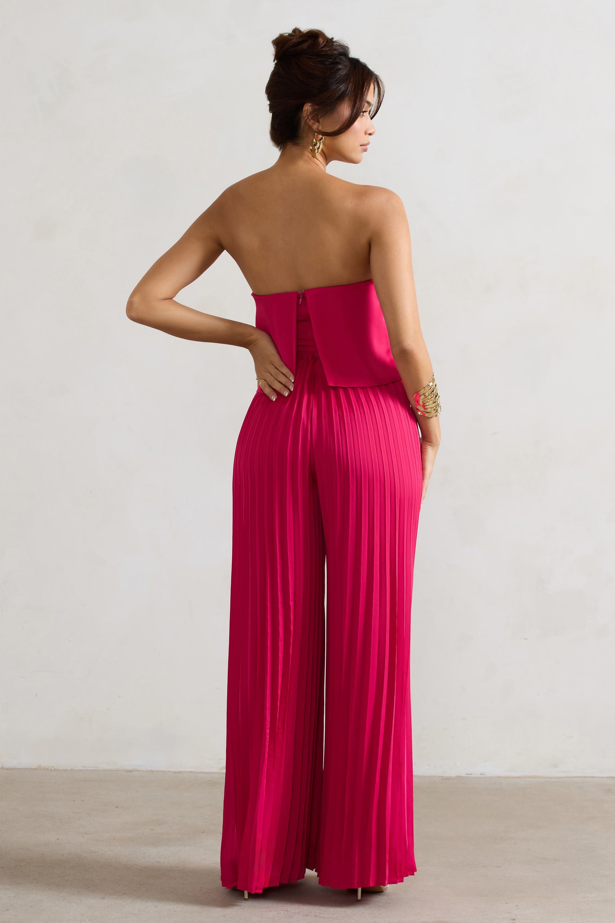 Tammi | Koyu Pembe Saten Askısız Plise Geniş Paça Tulum