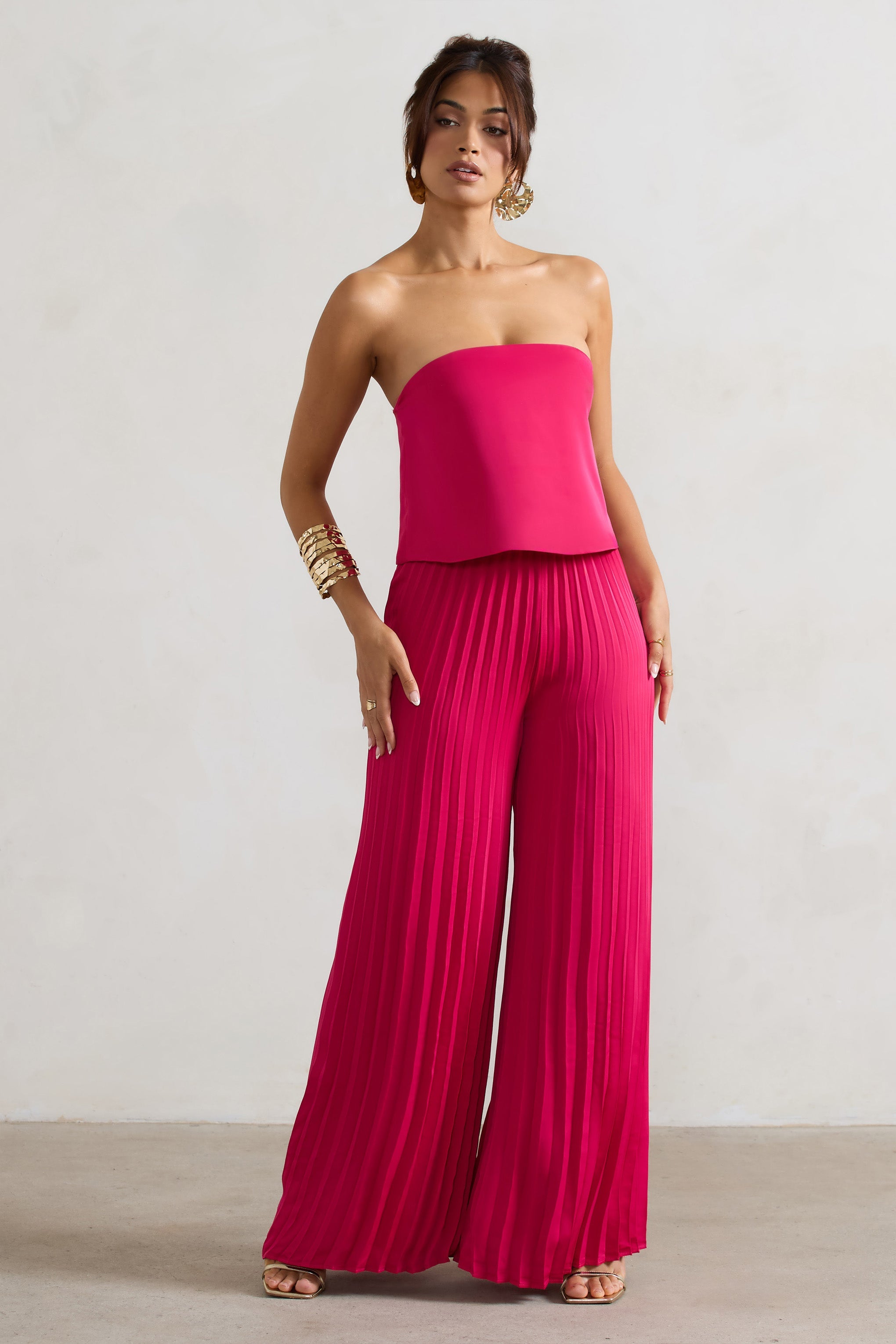 Tammi | Koyu Pembe Saten Askısız Plise Geniş Paça Tulum