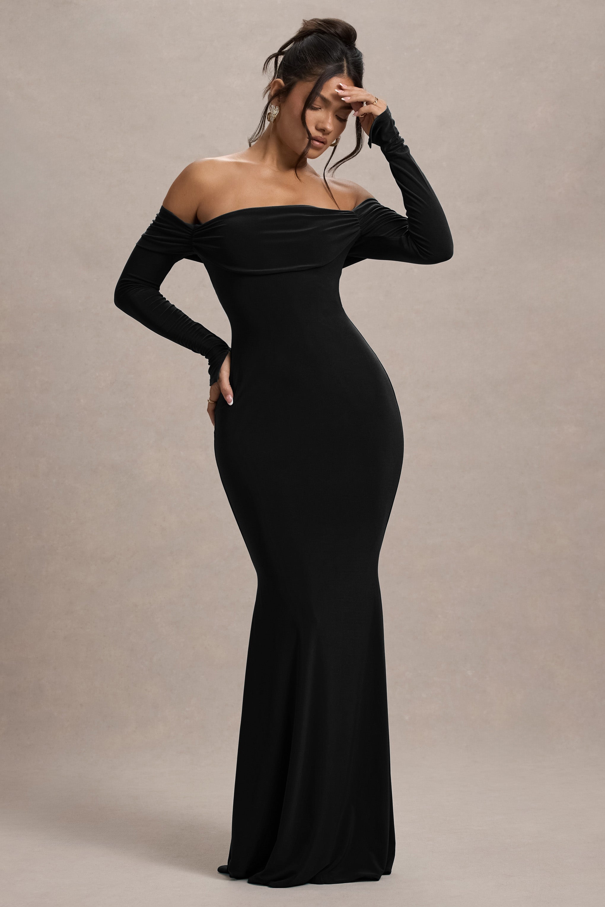Amaia | Siyah Bardot Uzun Kollu Maxi Elbise