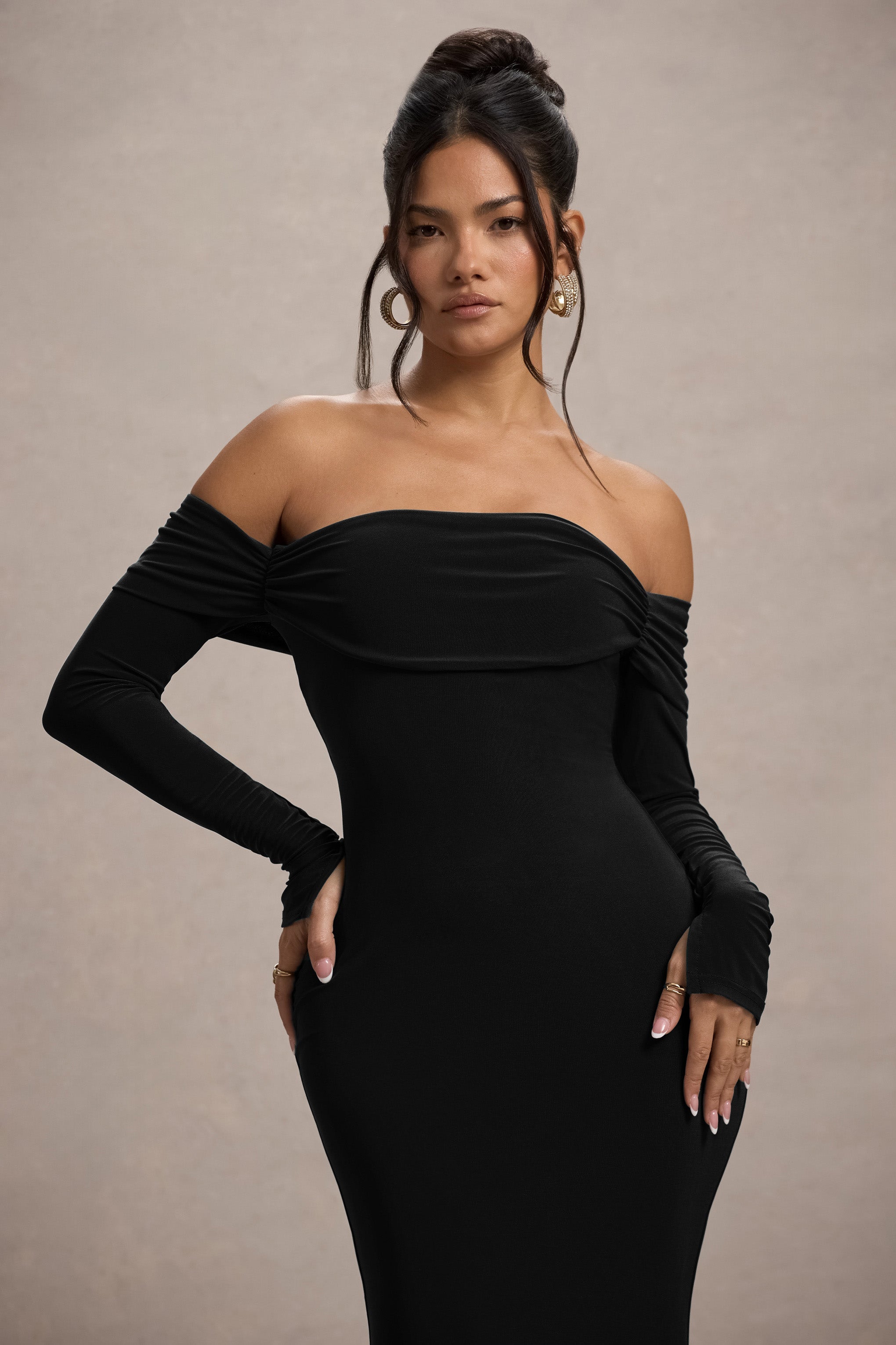 Amaia | Siyah Bardot Uzun Kollu Maxi Elbise