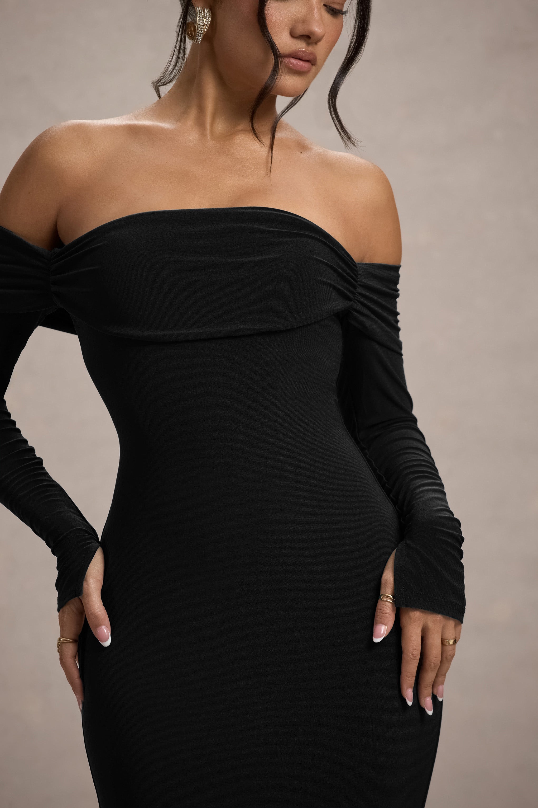 Amaia | Siyah Bardot Uzun Kollu Maxi Elbise