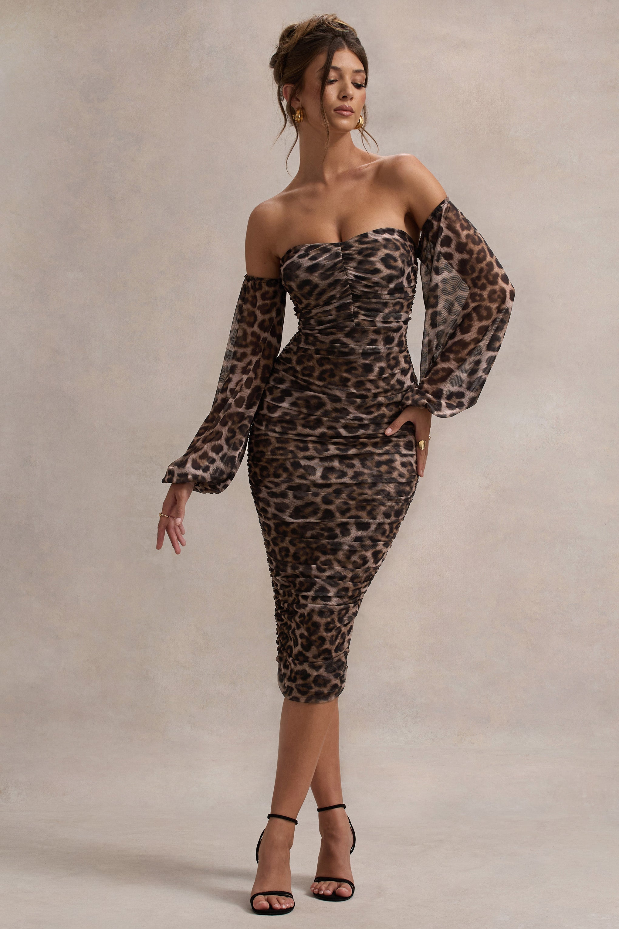 Rica | Leopar Desenli Bardot Puff-Sleeve Midi Elbise