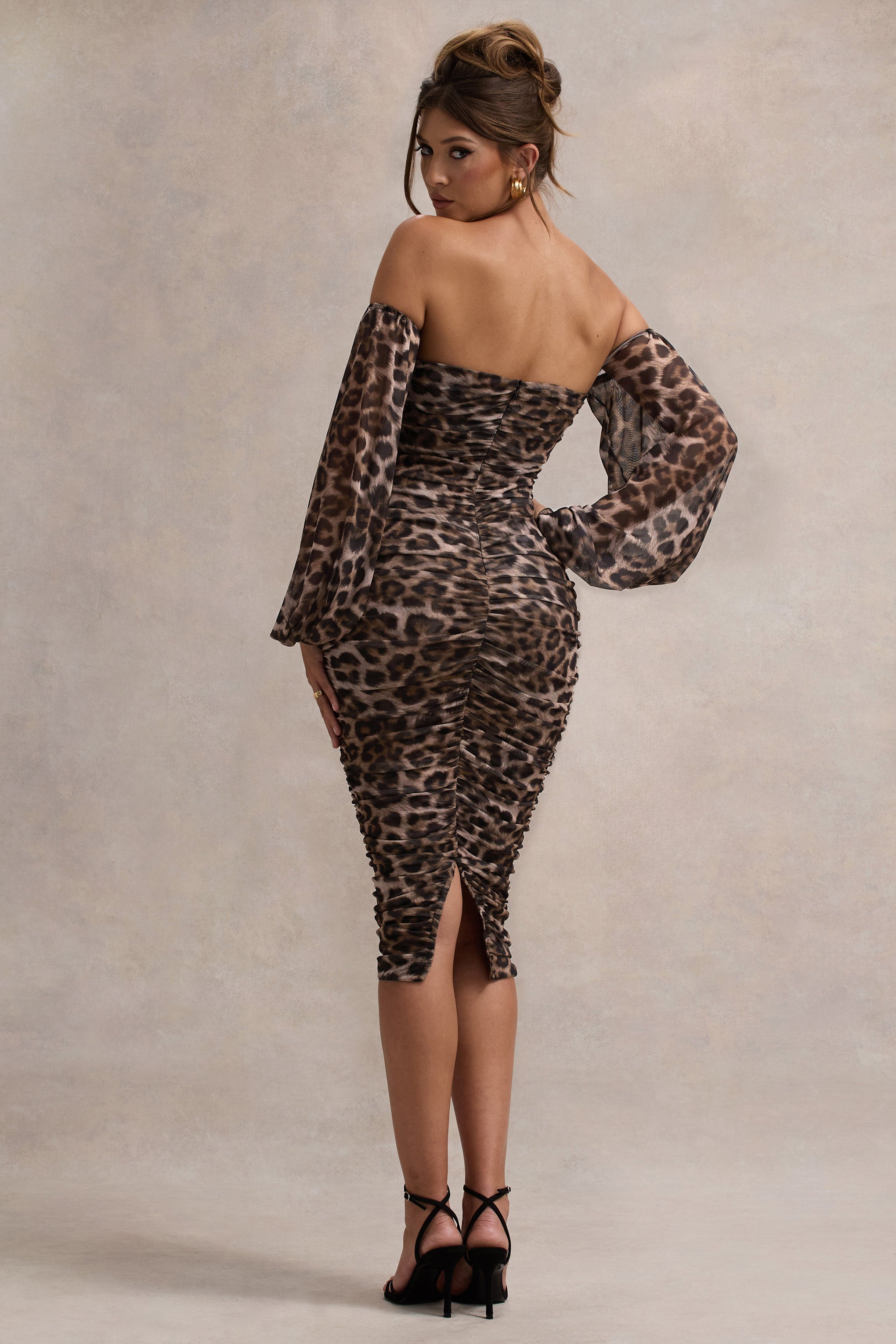 Rica | Leopar Desenli Bardot Puff-Sleeve Midi Elbise