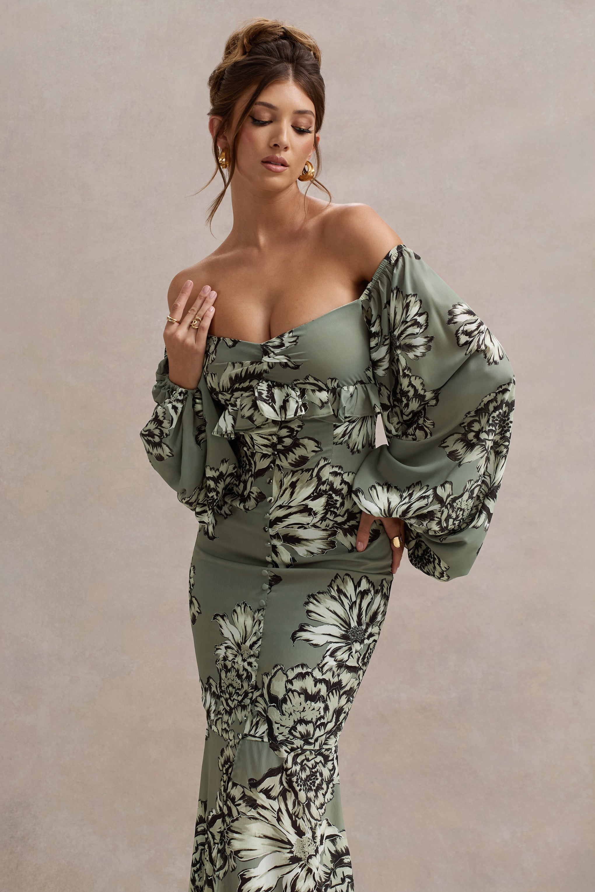 Murcia | Zeytin Renkli Çiçek Desenli Şifon Puff-Sleeve Düğmeli Maxi Elbise