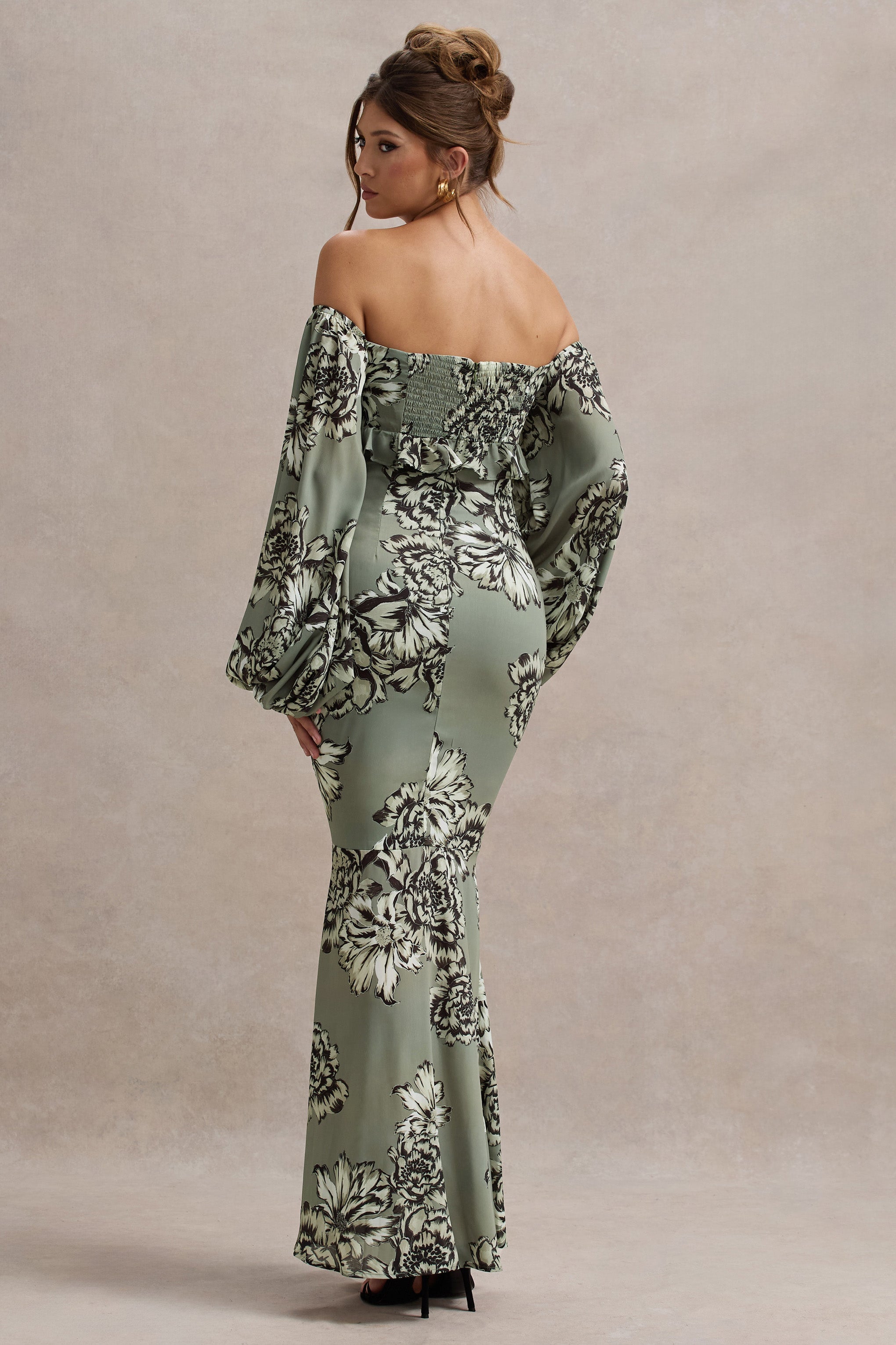 Murcia | Zeytin Renkli Çiçek Desenli Şifon Puff-Sleeve Düğmeli Maxi Elbise