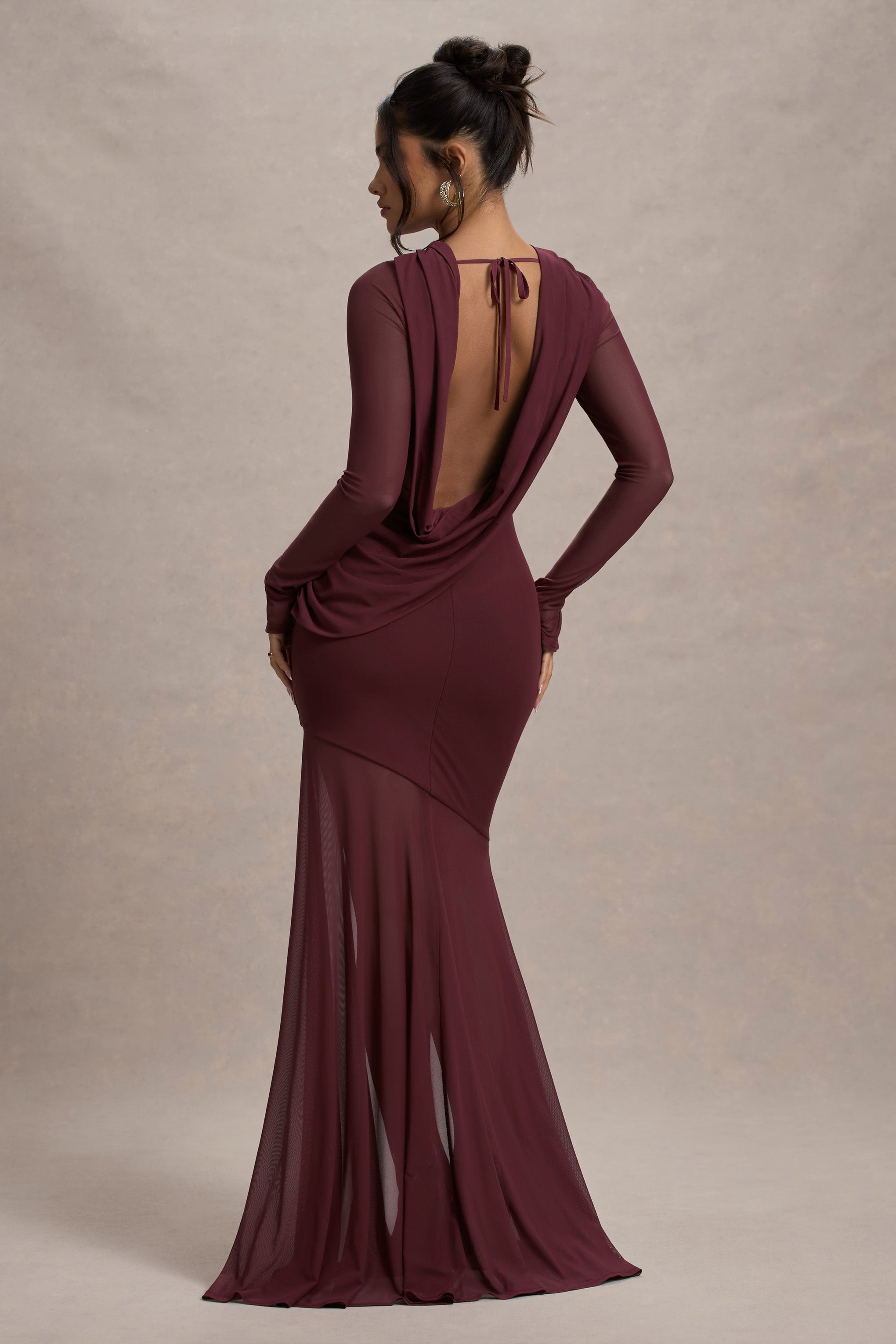 Tigerlily | Açık Sırt Maxi Elbise, Port Renkli, Uzun Kollu