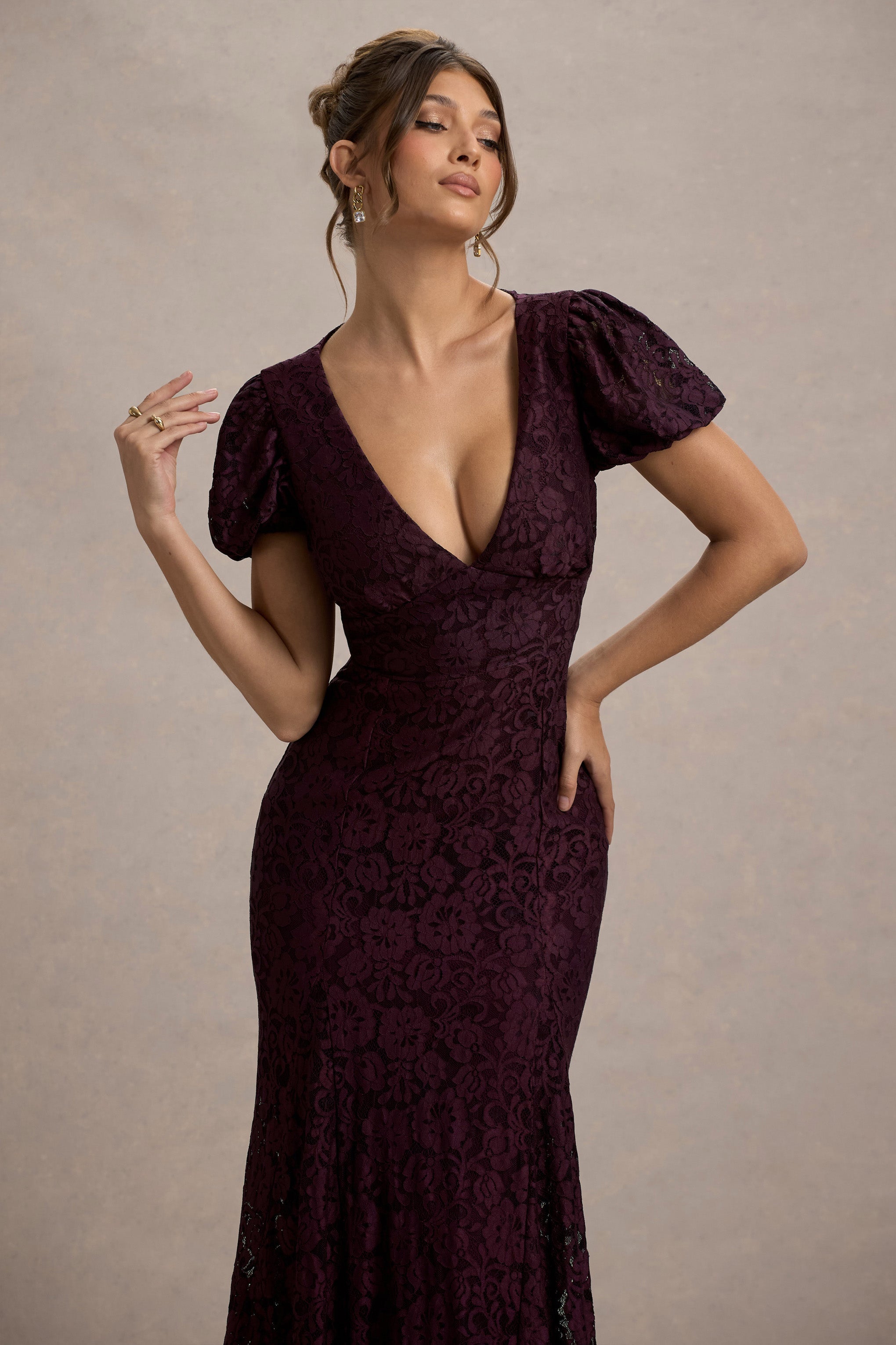 Elestria | Dantel Yaka V-Neck Puff-Sleeve Maxi Elbise