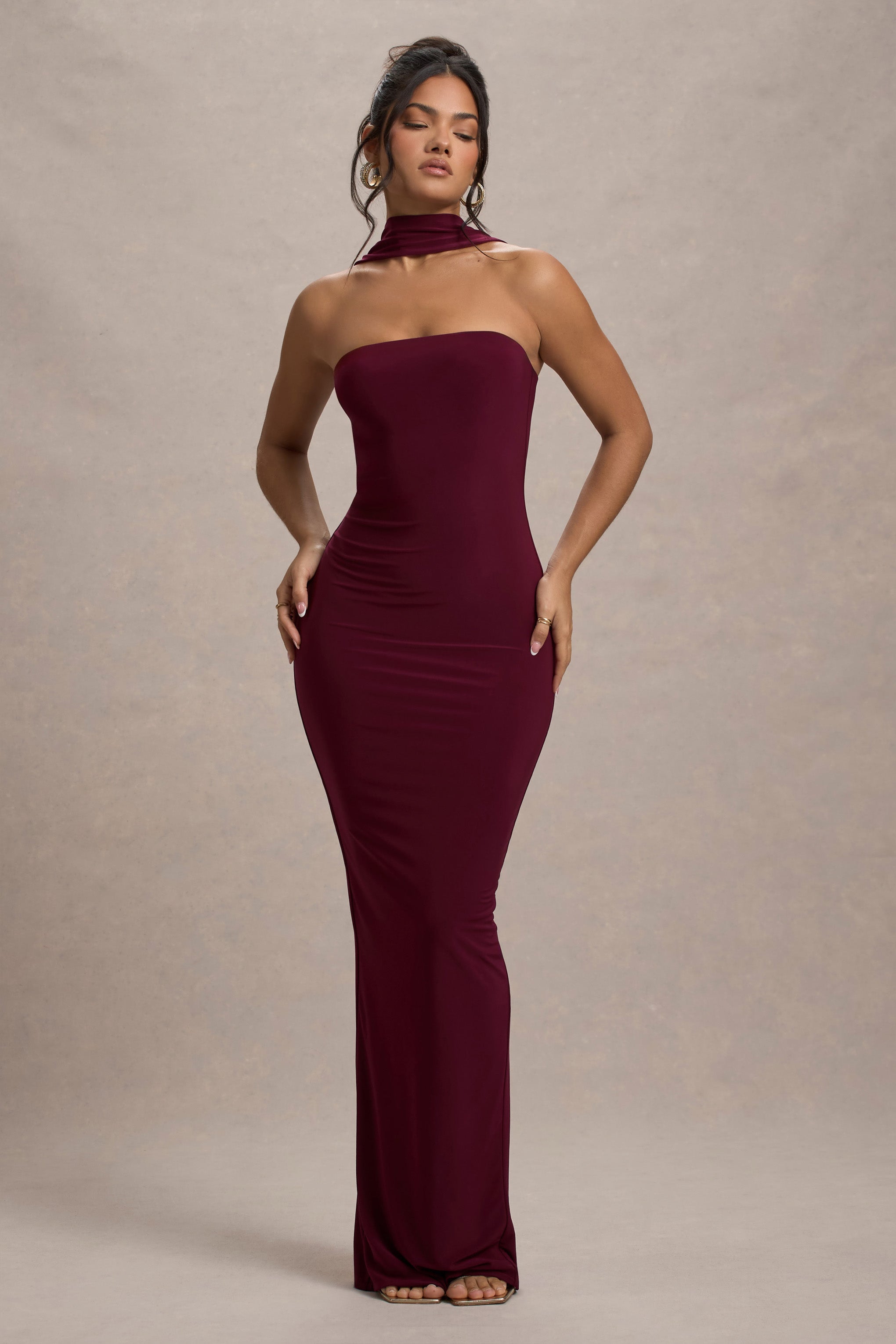 Nobu | Halter Yaka Bordo Bandeau Maxi Elbise