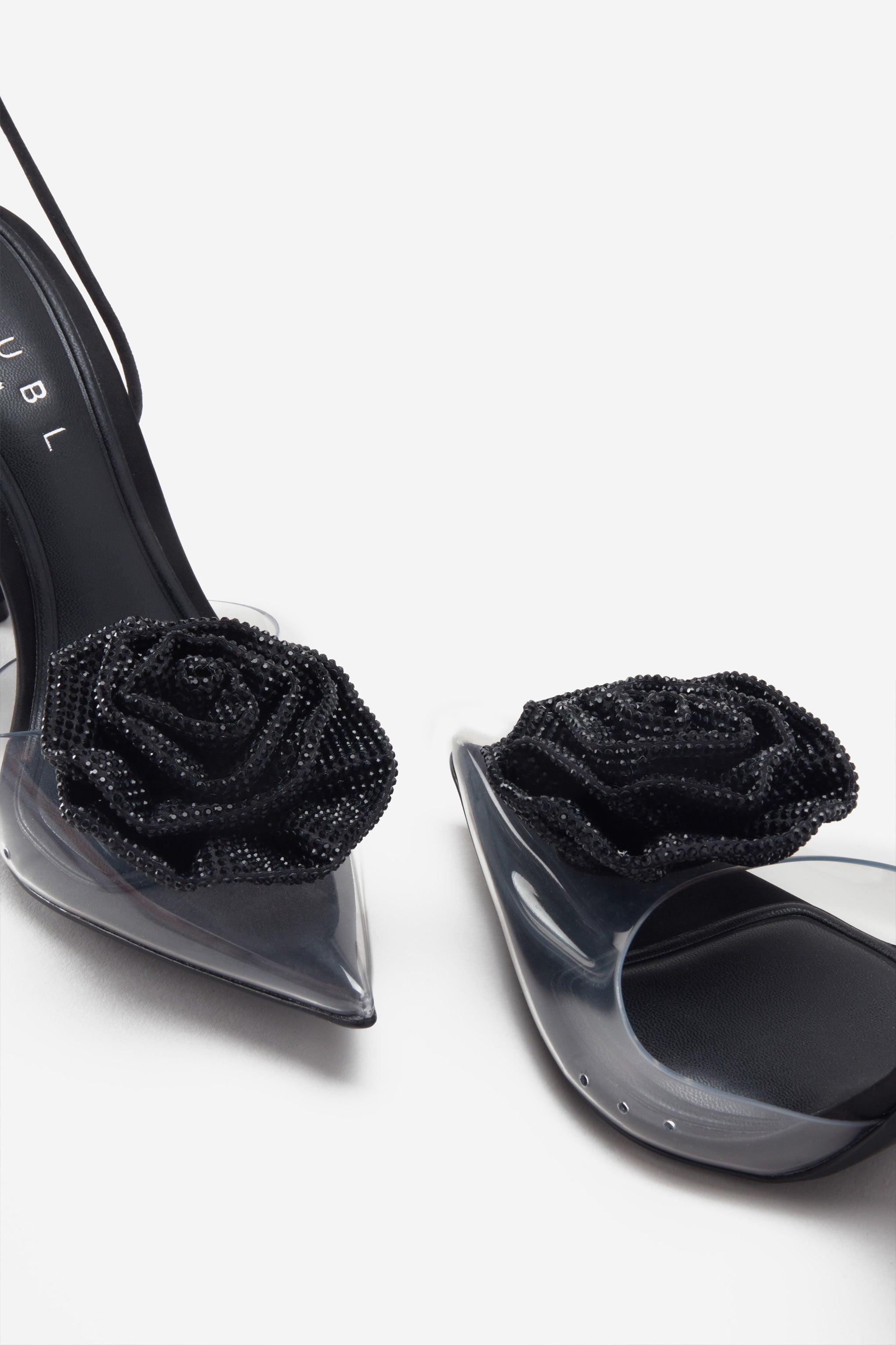 Keskin | Siyah Dantelli Şeffaf Stiletto Topuklu Ayakkabılar, Diamante Çiçeklerle