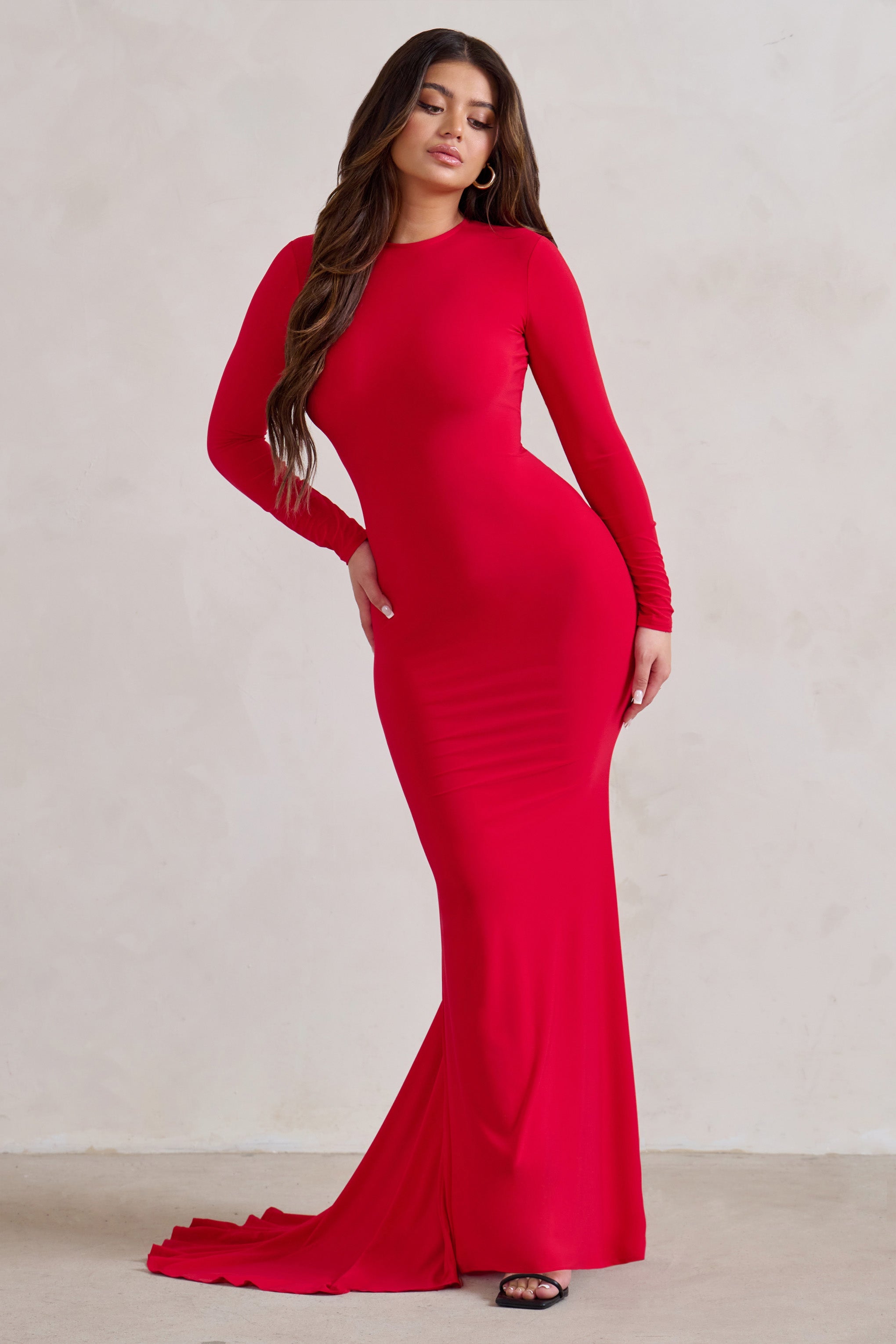 Bir Adım Önde | Kırmızı Uzun Kollu Sırt Dekolteli Fishtail Maxi Elbise