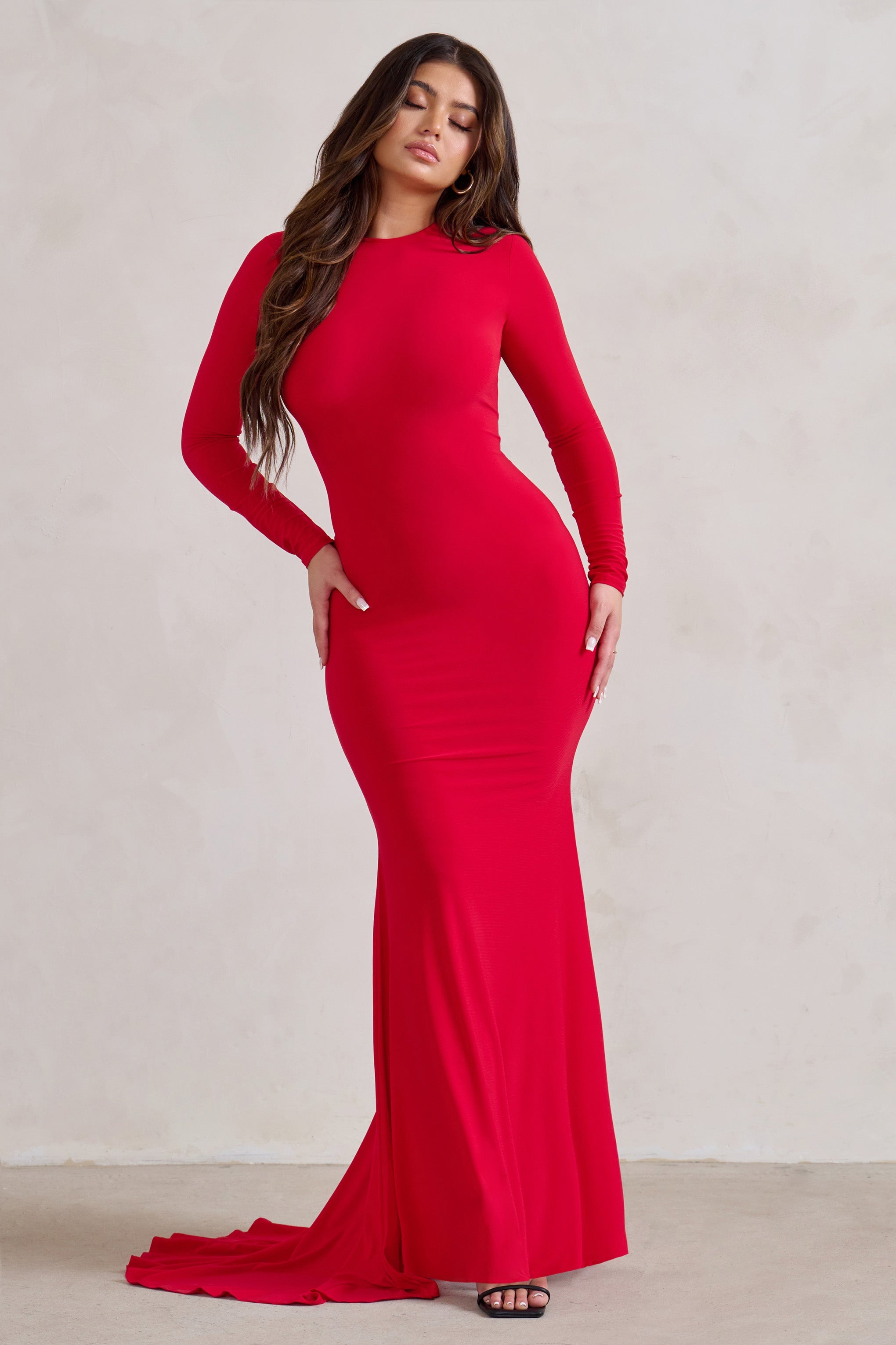 Bir Adım Önde | Kırmızı Uzun Kollu Sırt Dekolteli Fishtail Maxi Elbise