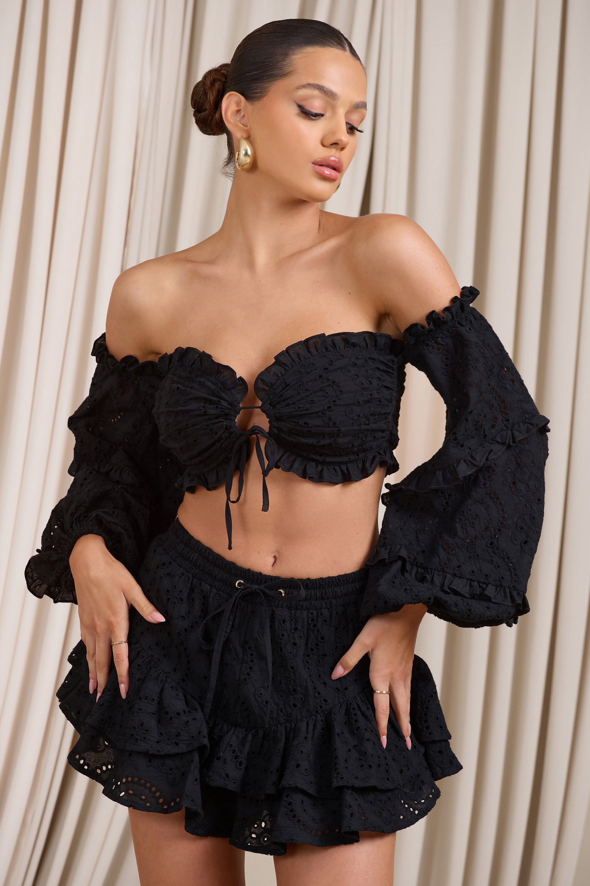 Postkart | Siyah Dantel Bardot Puf Kollu Kısa Üst
