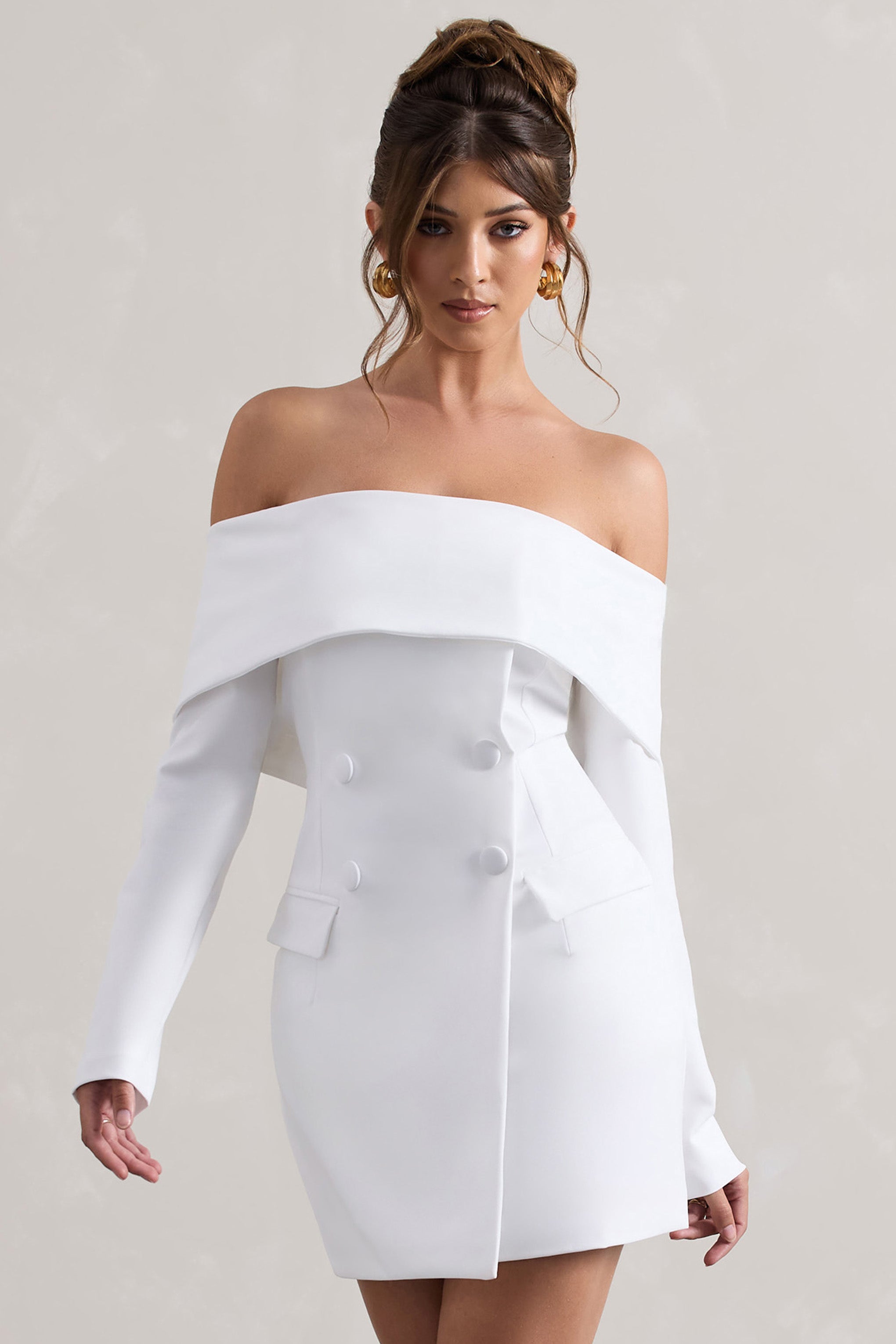 Tara | Beyaz Bardot Kesim Blazer Elbise