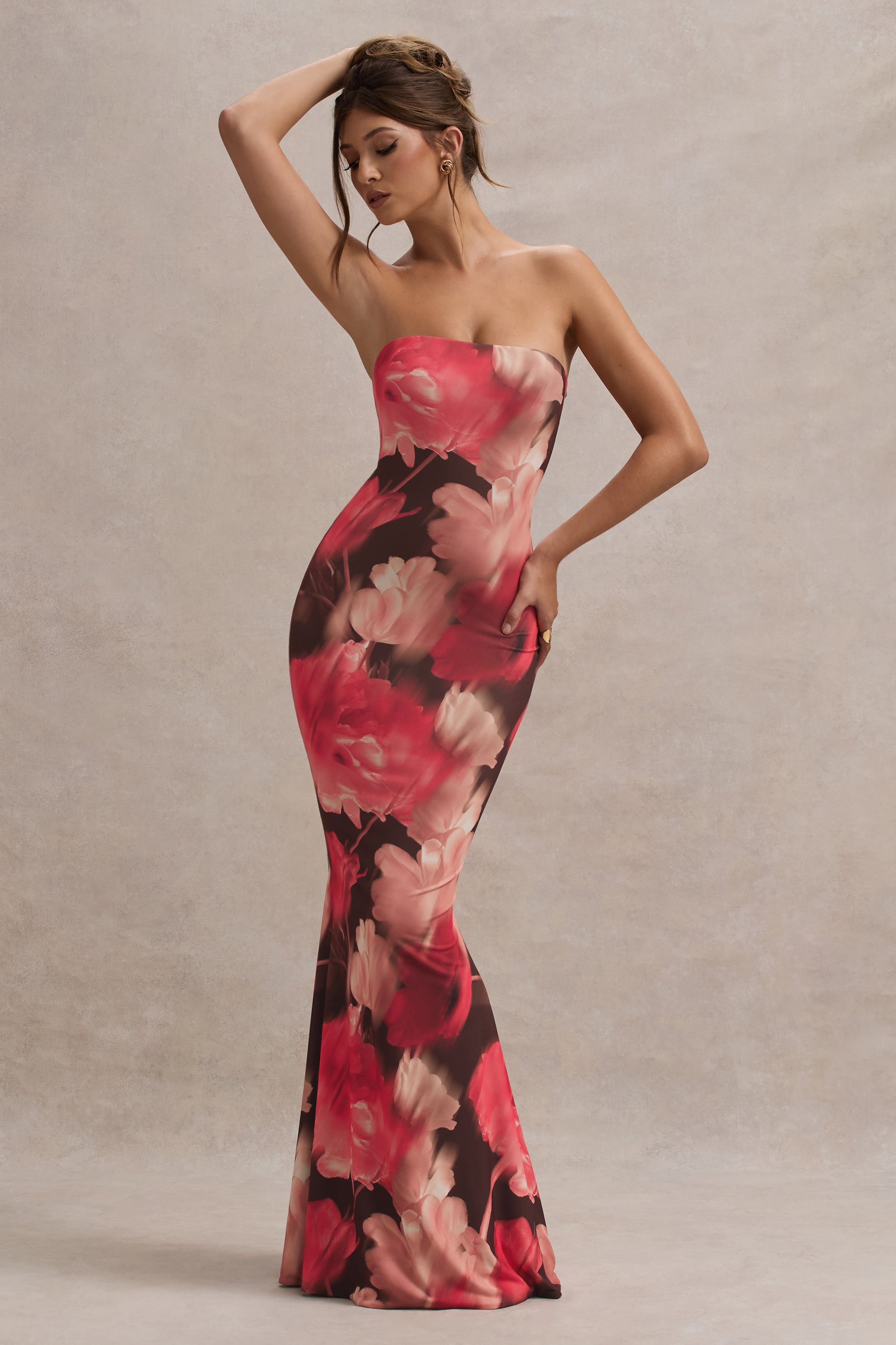 Tören | Kırmızı Çiçek Desenli Bandeau Fishtail Maxi Elbise
