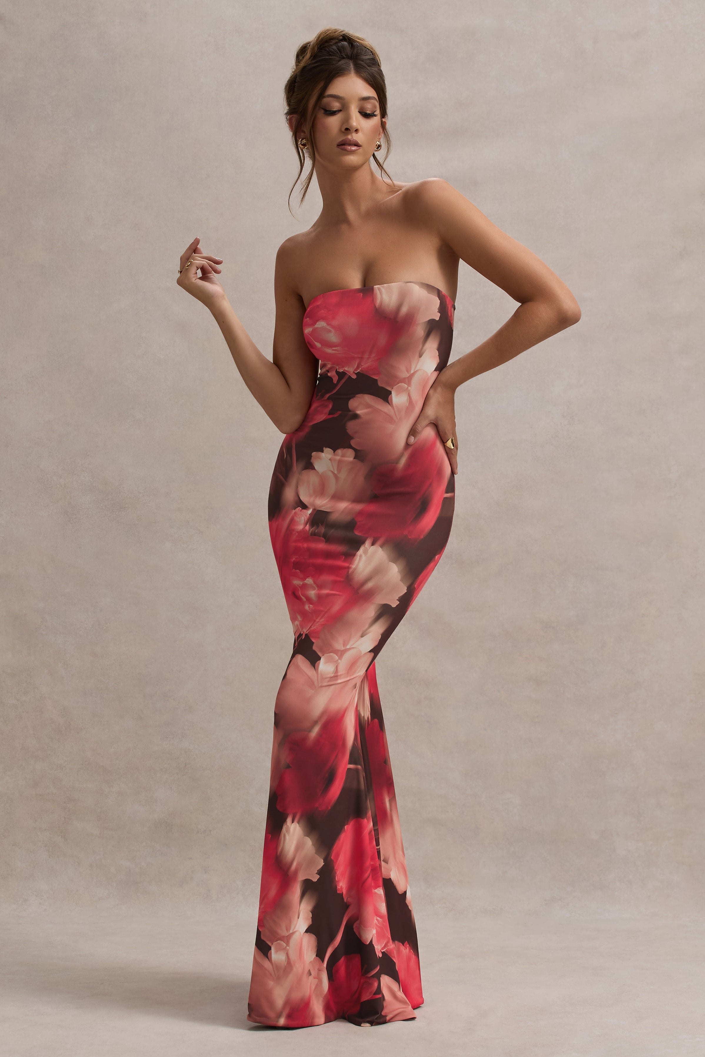 Tören | Kırmızı Çiçek Desenli Bandeau Fishtail Maxi Elbise