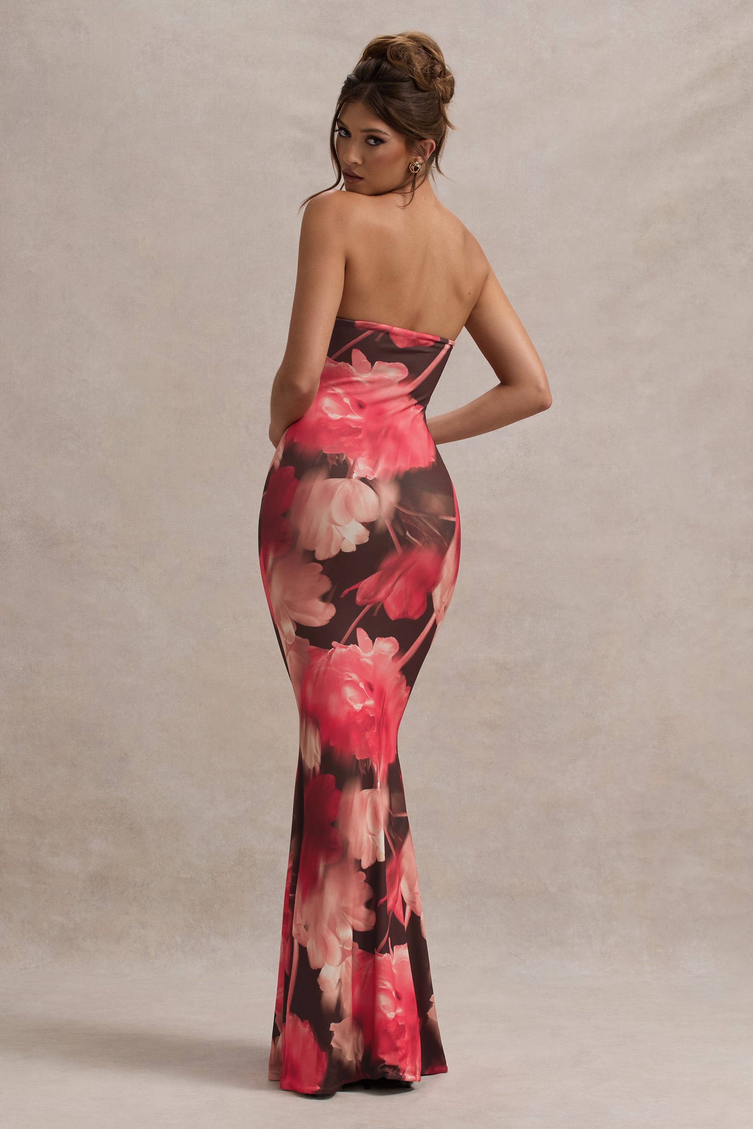 Tören | Kırmızı Çiçek Desenli Bandeau Fishtail Maxi Elbise